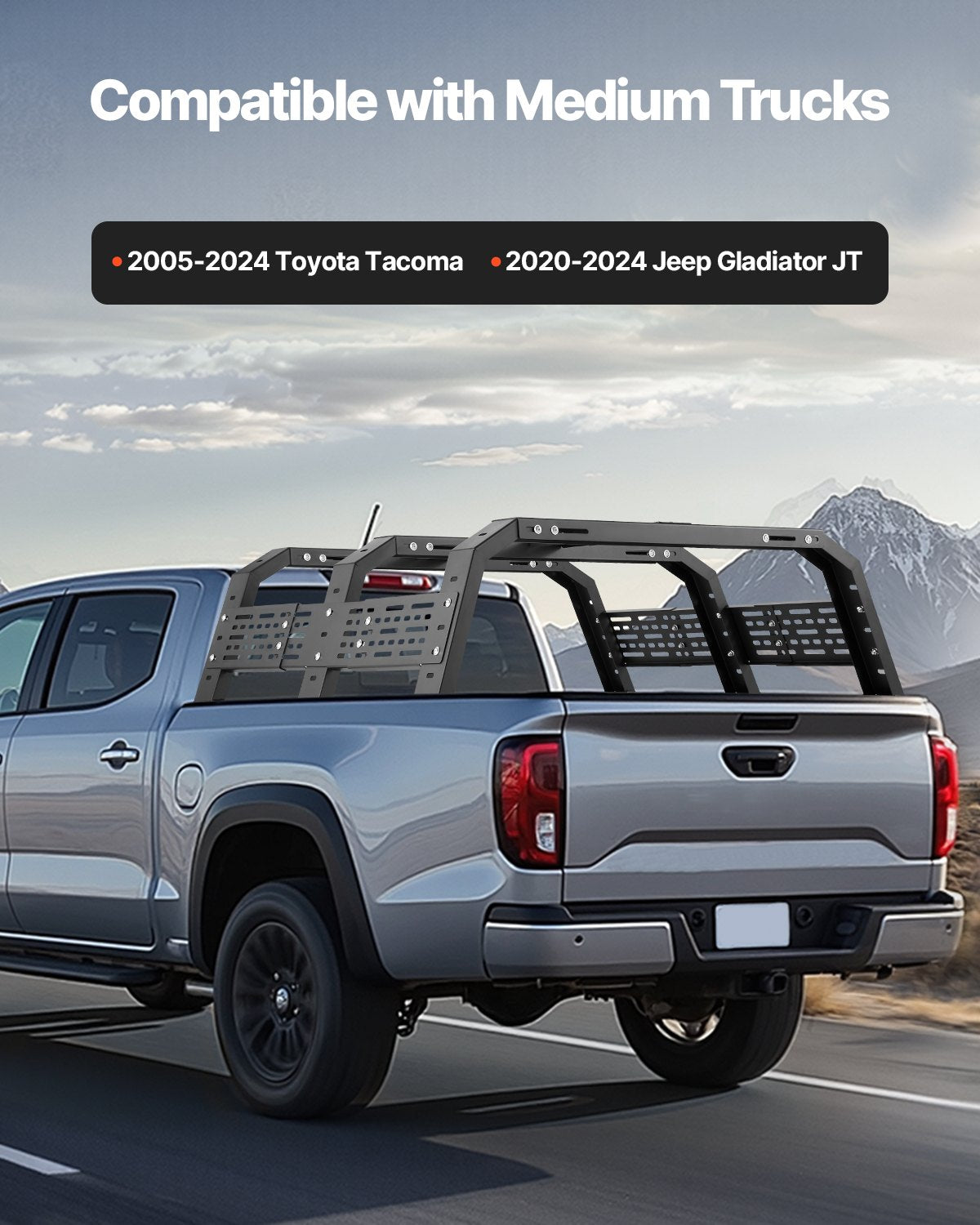 Overland Truck Bed Rack, 125-172.5 cm Width, Adjustable Overland Bed Cargo Rack with Sidebar, 408.2 kg Static Load Capacity, Heavy Duty Steel, for Mid-Size Trucks, Fit Tacoma / Gladiator JT