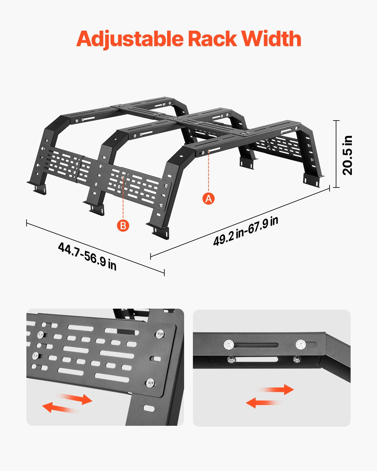 Overland Truck Bed Rack, 125-172.5 cm Width, Adjustable Overland Bed Cargo Rack with Sidebar, 408.2 kg Static Load Capacity, Heavy Duty Steel, for Mid-Size Trucks, Fit Tacoma / Gladiator JT