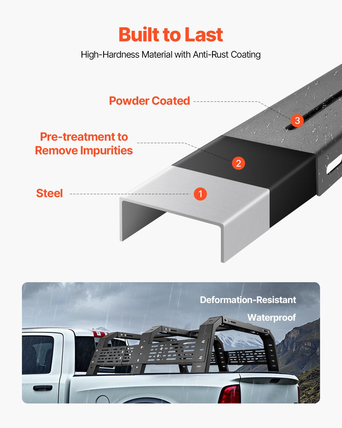 Overland Truck Bed Rack, 125-172.5 cm Width, Adjustable Overland Bed Cargo Rack with Sidebar, 408.2 kg Static Load Capacity, Heavy Duty Steel, for Mid-Size Trucks, Fit Tacoma / Gladiator JT