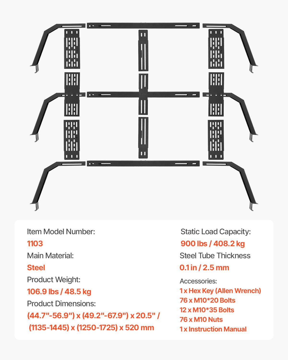 Overland Truck Bed Rack, 125-172.5 cm Width, Adjustable Overland Bed Cargo Rack with Sidebar, 408.2 kg Static Load Capacity, Heavy Duty Steel, for Mid-Size Trucks, Fit Tacoma / Gladiator JT
