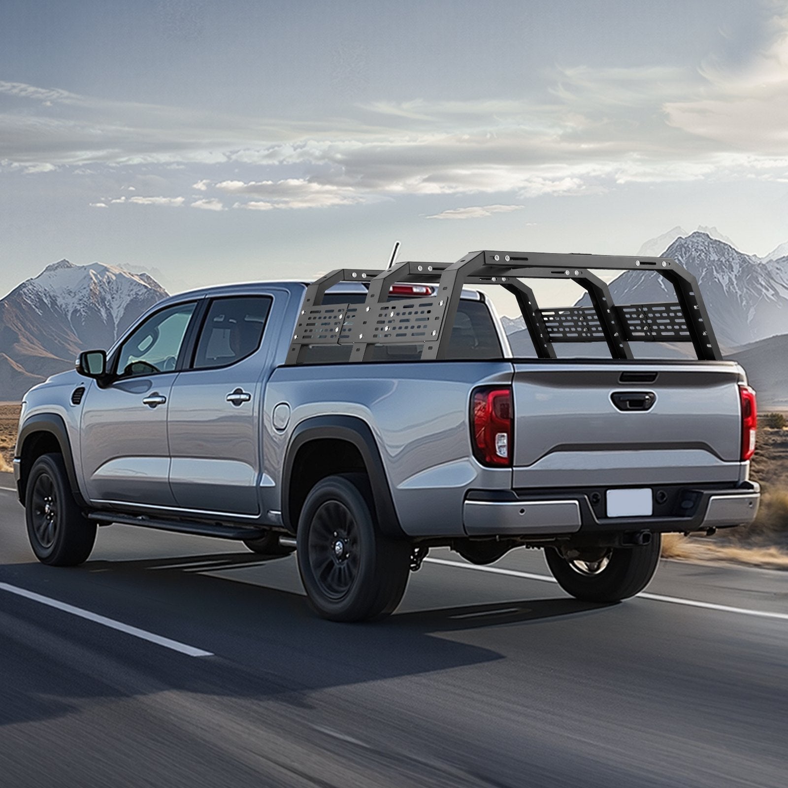 Overland Truck Bed Rack, 125-172.5 cm Width, Adjustable Overland Bed Cargo Rack with Sidebar, 408.2 kg Static Load Capacity, Heavy Duty Steel, for Mid-Size Trucks, Fit Tacoma / Gladiator JT