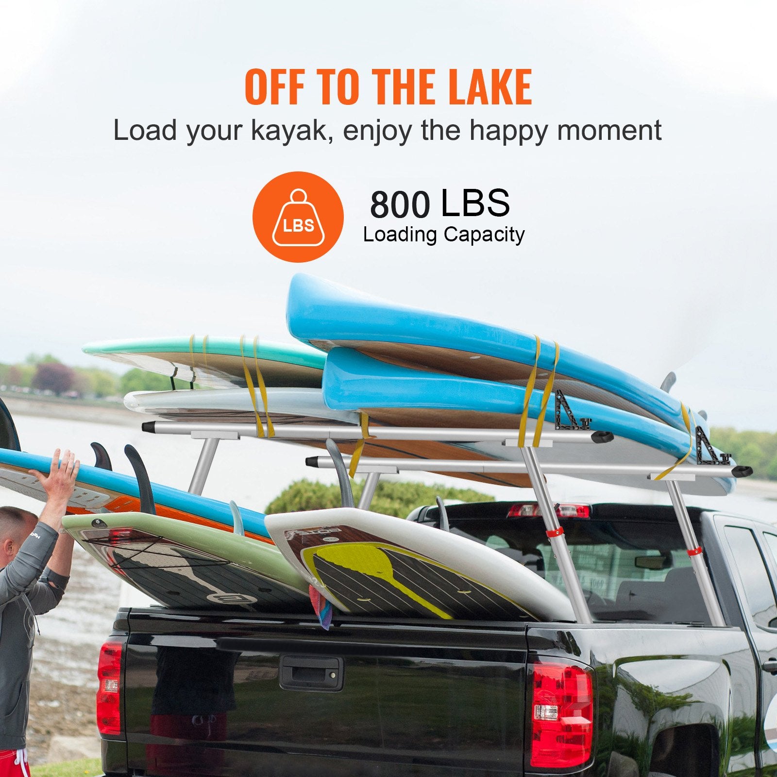 Truck Rack, 363lbs Capacity, 19-34in Adjustable Height, Aluminum Ladder Rack for Truck with 8 Non-Drilling C-clamps, Heavy Duty Truck Bed Rack Two-Bar Set for Kayak, Surfboard, Lumber, Ladder