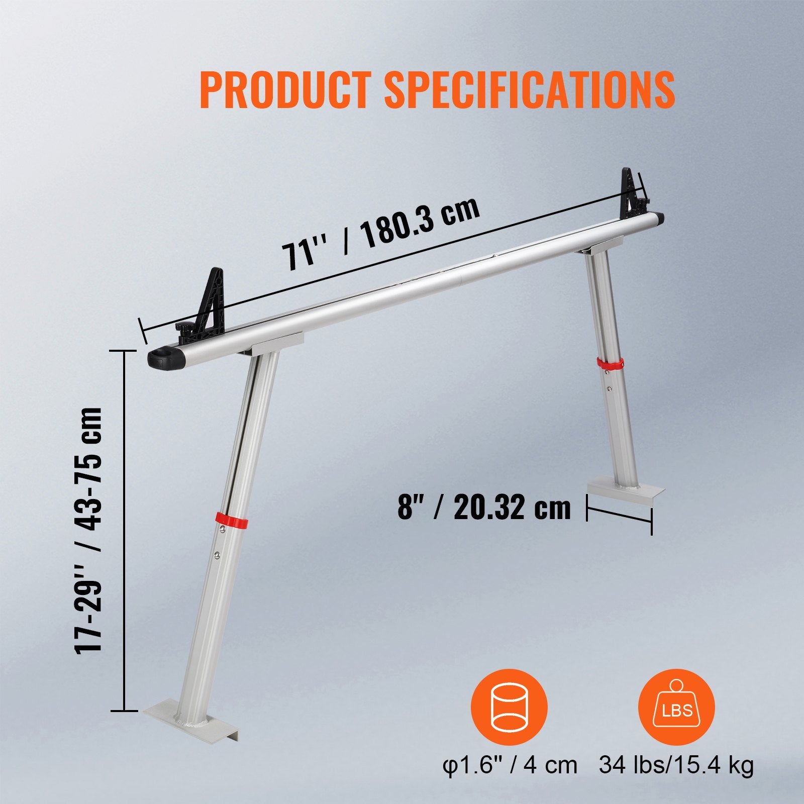 Truck Rack, 363lbs Capacity, 19-34in Adjustable Height, Aluminum Ladder Rack for Truck with 8 Non-Drilling C-clamps, Heavy Duty Truck Bed Rack Two-Bar Set for Kayak, Surfboard, Lumber, Ladder