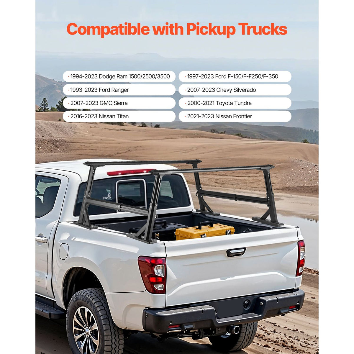Truck Ladder Rack, 53.3-80.01 cm Height, Adjustable Non-Drilling Aluminum Cargo Rack with Sidebar, 362.9 kg Static Capacity, Ideal for Canoes, Surfboards, Ladders, Lumber, Tents & Large cargo