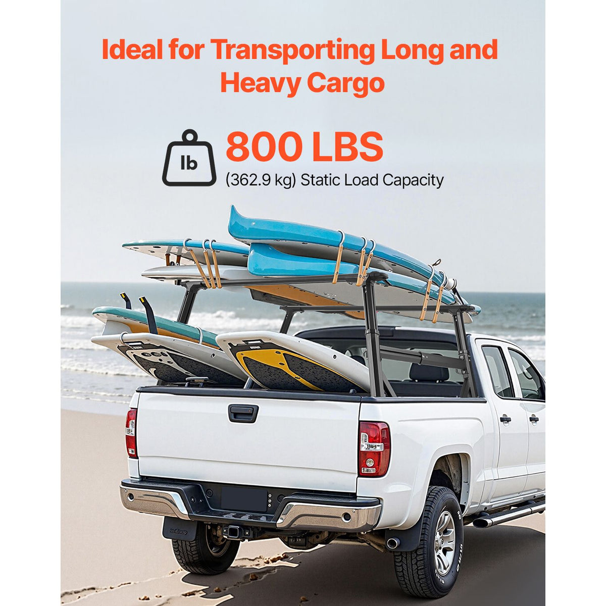 Truck Ladder Rack, 53.3-80.01 cm Height, Adjustable Non-Drilling Aluminum Cargo Rack with Sidebar, 362.9 kg Static Capacity, Ideal for Canoes, Surfboards, Ladders, Lumber, Tents & Large cargo