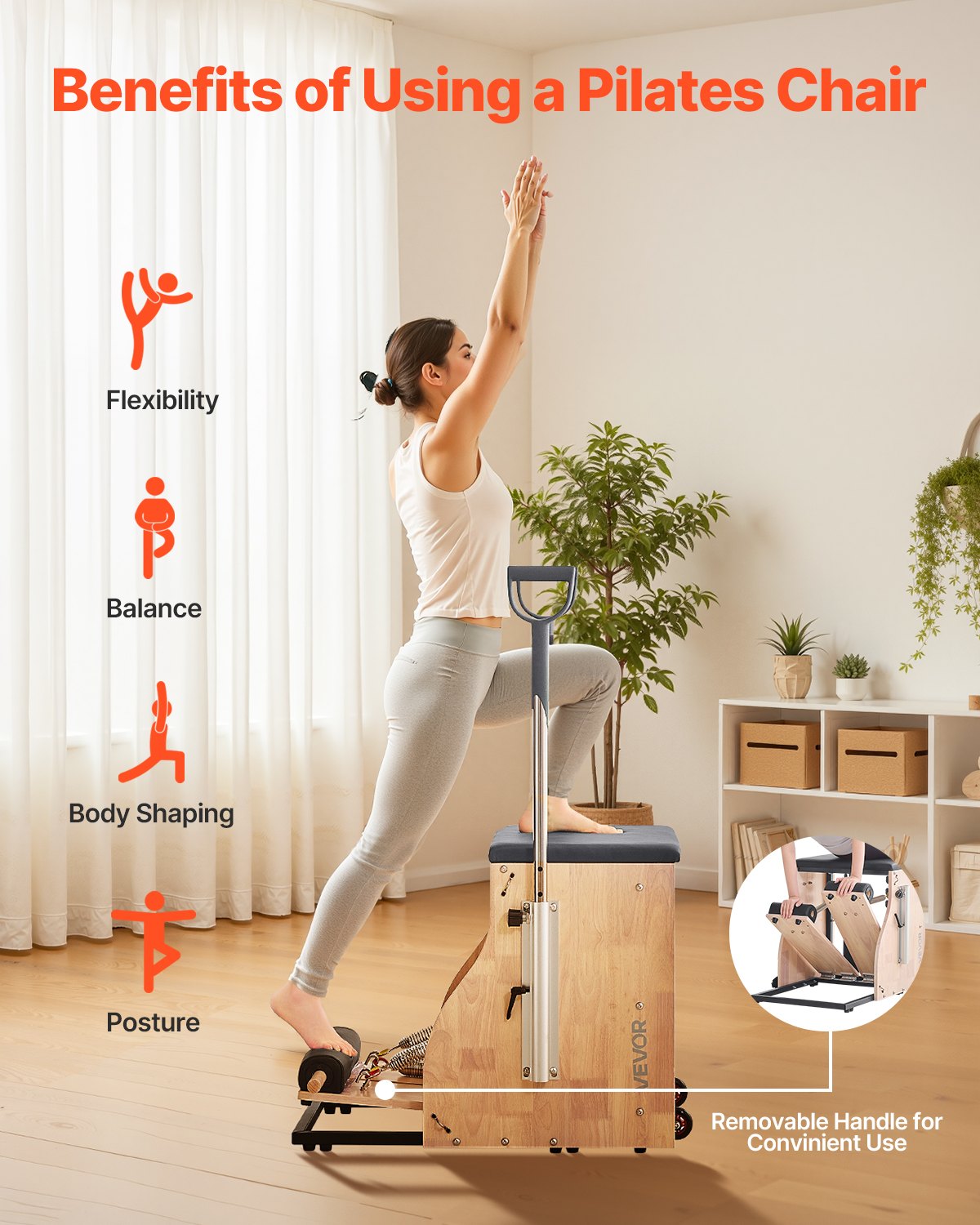 Exercise Bikes: VEVOR Pilates Chair, Split-Pedal Stability Combo Chairs with Handles, Rubber Wood Frame Yoga Fitness Trainer, Exercise Reformer, Pilates Resistance-Workout Equipment, for Home Gym Studio Workout