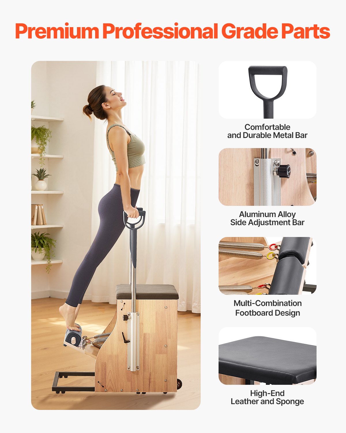 Exercise Bikes: VEVOR Pilates Chair, Split-Pedal Stability Combo Chairs with Handles, Rubber Wood Frame Yoga Fitness Trainer, Exercise Reformer, Pilates Resistance-Workout Equipment, for Home Gym Studio Workout