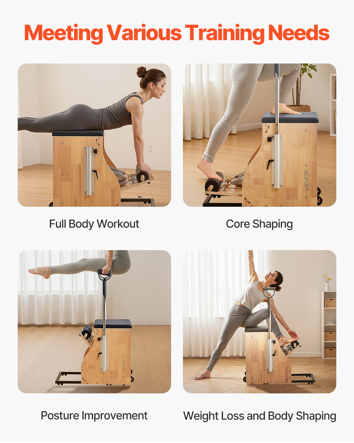 Exercise Bikes: VEVOR Pilates Chair, Split-Pedal Stability Combo Chairs with Handles, Rubber Wood Frame Yoga Fitness Trainer, Exercise Reformer, Pilates Resistance-Workout Equipment, for Home Gym Studio Workout