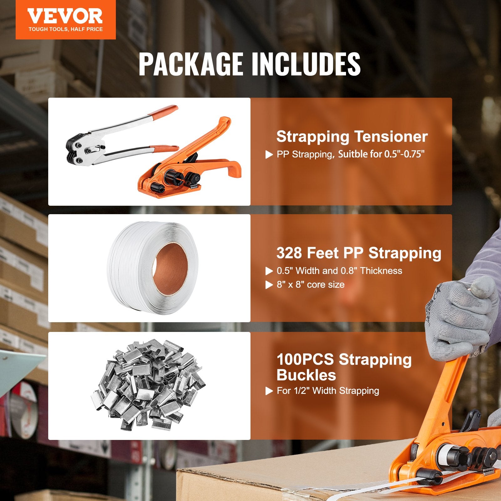Automotive Repair & Speciality Tools: VEVOR Banding Strapping Kit with Strapping Tensioner Tool, Banding Sealer Tool, 100 m Length PP Band, 100 Metal Seals, Pallet Packaging Strapping Banding Kit, Banding Packaging Strapping for Packing