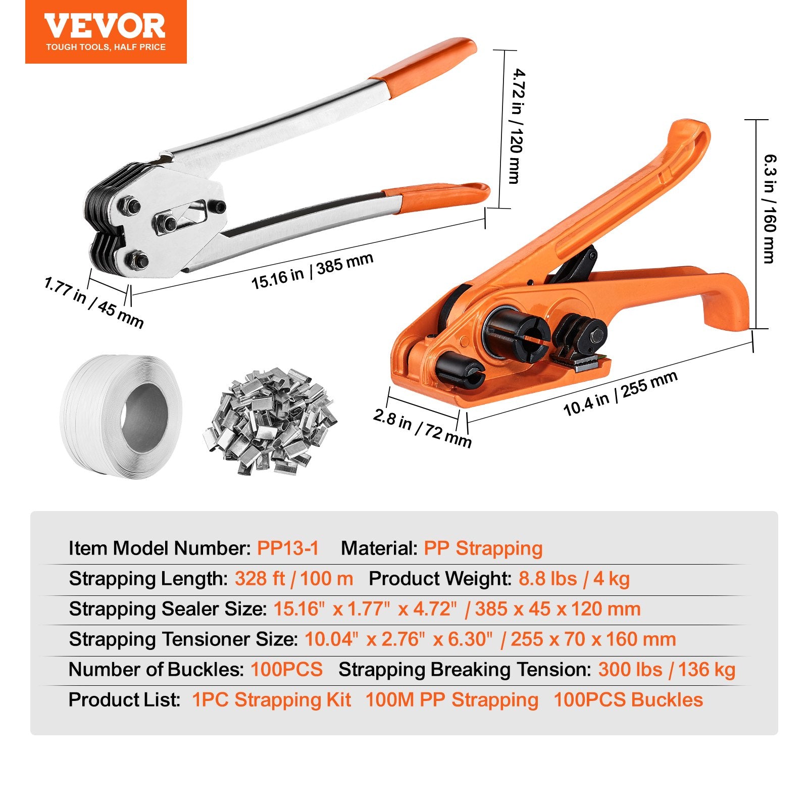 Automotive Repair & Speciality Tools: VEVOR Banding Strapping Kit with Strapping Tensioner Tool, Banding Sealer Tool, 100 m Length PP Band, 100 Metal Seals, Pallet Packaging Strapping Banding Kit, Banding Packaging Strapping for Packing
