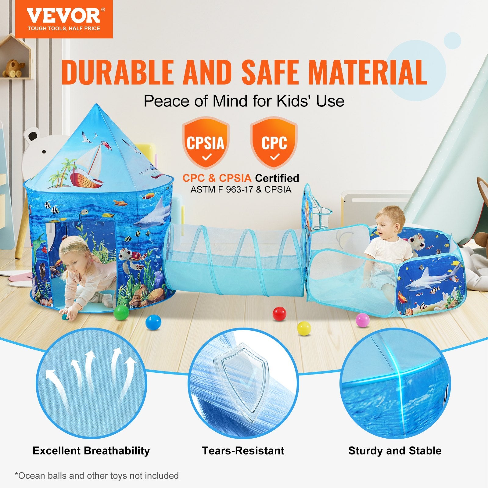 Outdoor Play Equipment: VEVOR 3 in 1 Kids Play Tent with Tunnel, Basketball Hoop for Boys, Girls, Babies and Toddlers, Indoor/Outdoor Pop Up Playhouse with Carrying Bag & Banding Straps Birthday Gifts, Blue Ocean