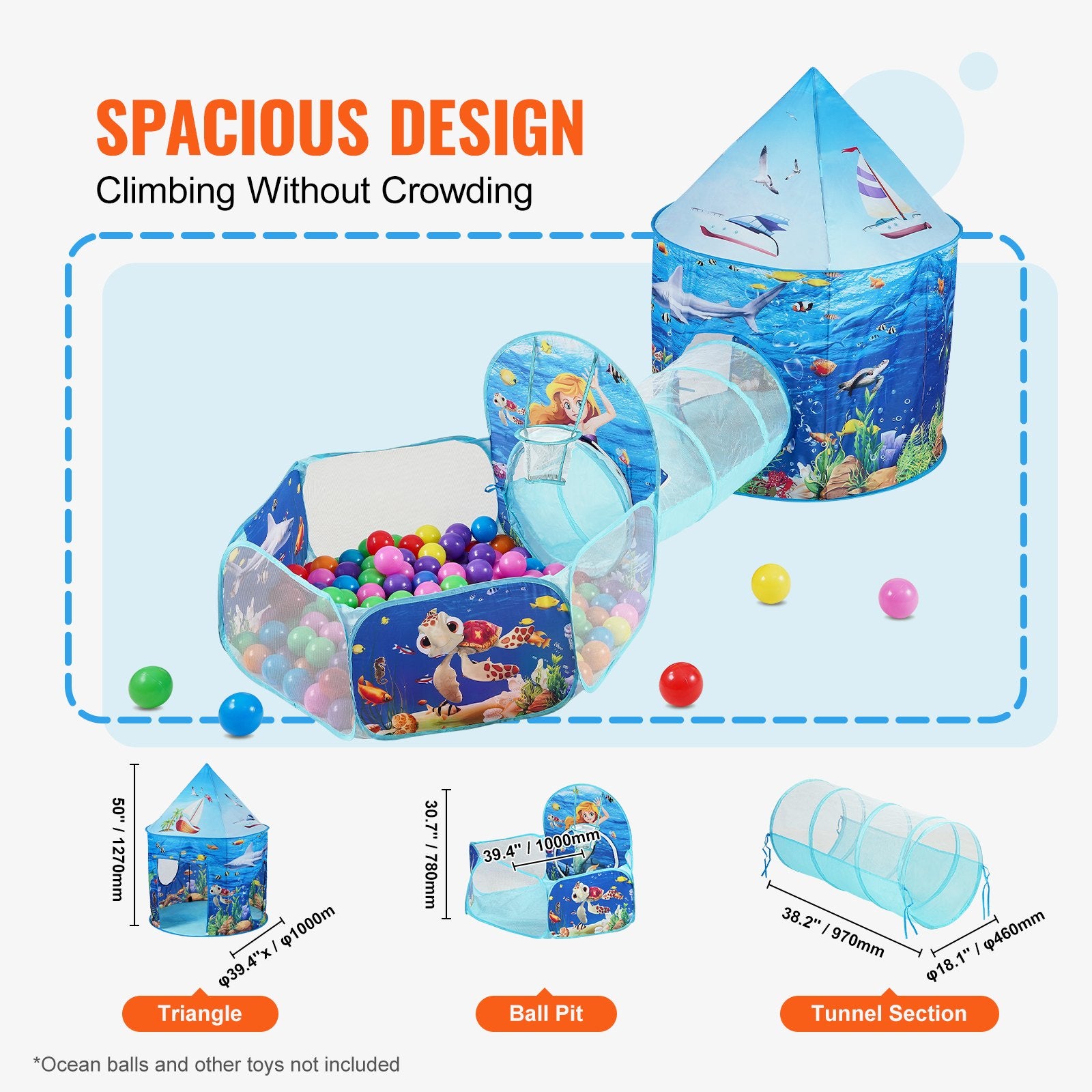 Outdoor Play Equipment: VEVOR 3 in 1 Kids Play Tent with Tunnel, Basketball Hoop for Boys, Girls, Babies and Toddlers, Indoor/Outdoor Pop Up Playhouse with Carrying Bag & Banding Straps Birthday Gifts, Blue Ocean