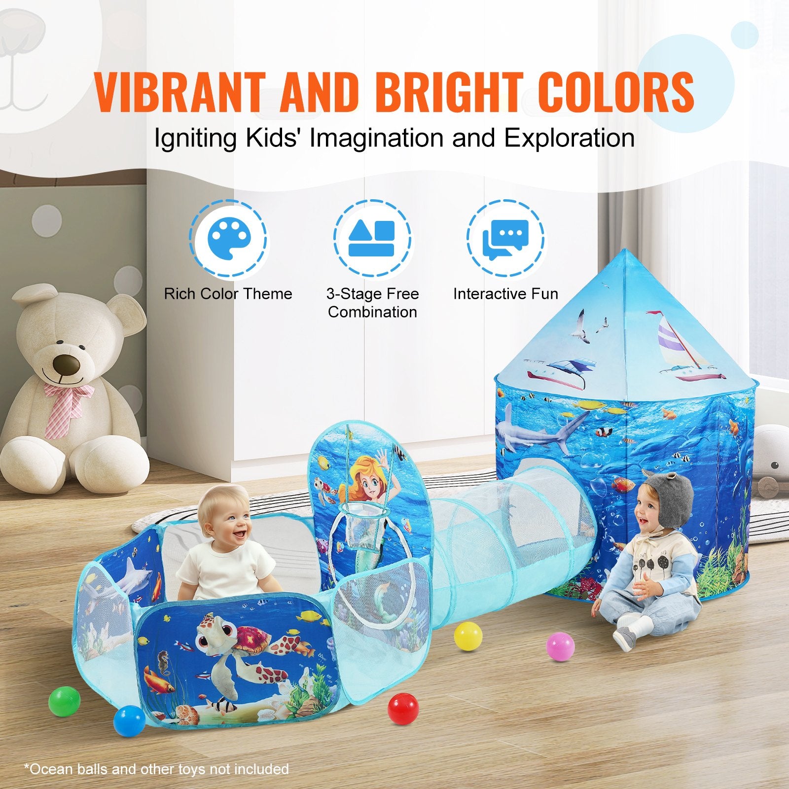 Outdoor Play Equipment: VEVOR 3 in 1 Kids Play Tent with Tunnel, Basketball Hoop for Boys, Girls, Babies and Toddlers, Indoor/Outdoor Pop Up Playhouse with Carrying Bag & Banding Straps Birthday Gifts, Blue Ocean