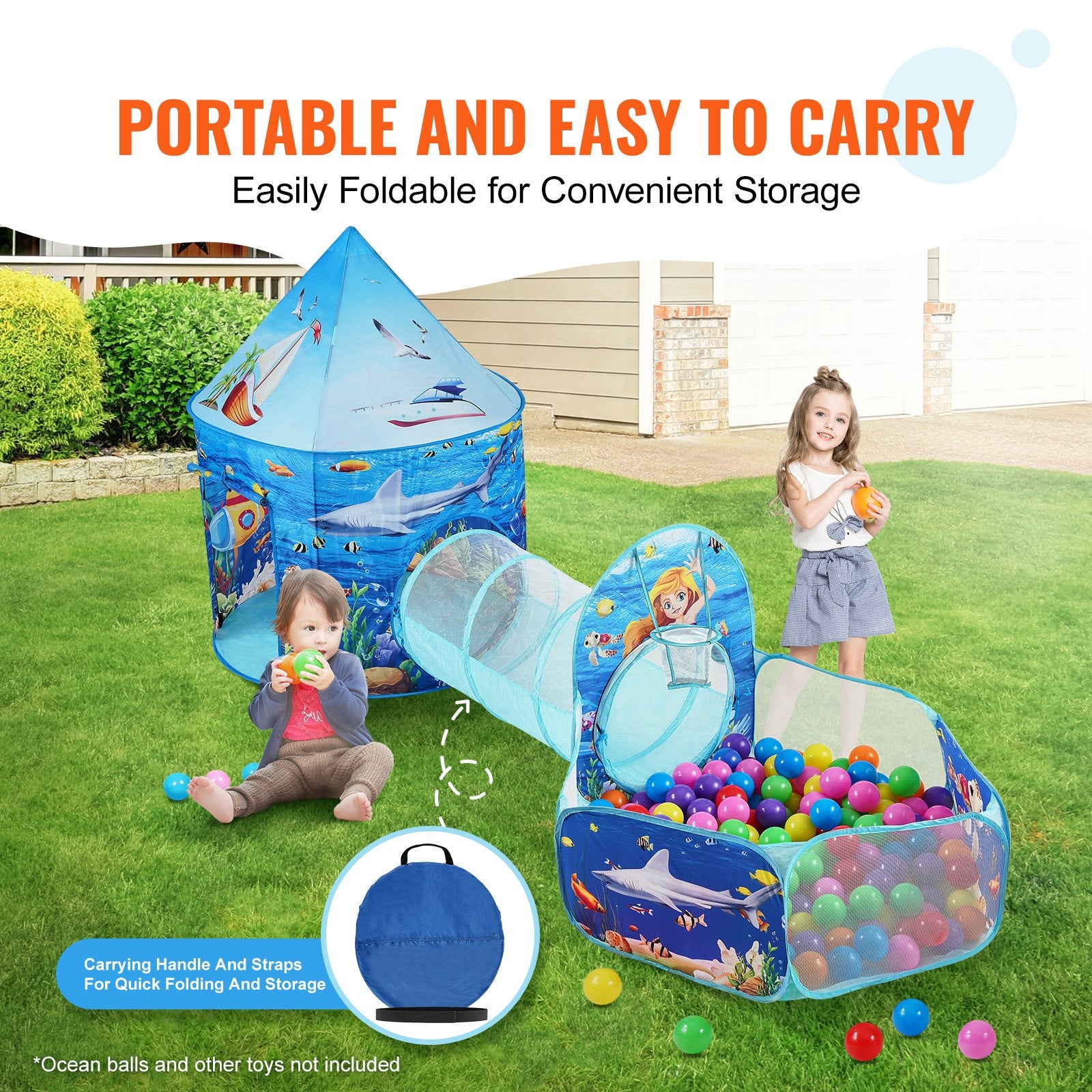 Outdoor Play Equipment: VEVOR 3 in 1 Kids Play Tent with Tunnel, Basketball Hoop for Boys, Girls, Babies and Toddlers, Indoor/Outdoor Pop Up Playhouse with Carrying Bag & Banding Straps Birthday Gifts, Blue Ocean