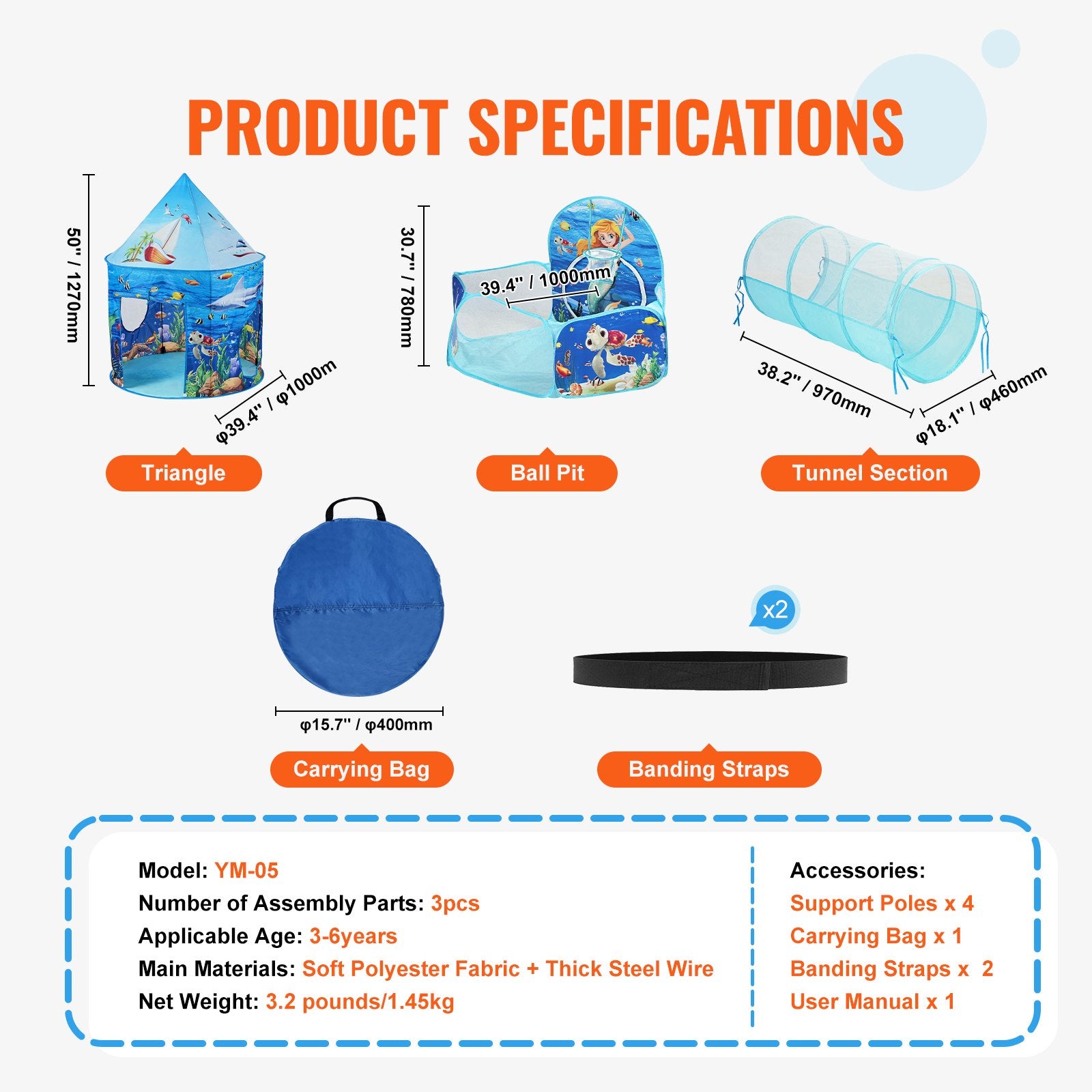 Outdoor Play Equipment: VEVOR 3 in 1 Kids Play Tent with Tunnel, Basketball Hoop for Boys, Girls, Babies and Toddlers, Indoor/Outdoor Pop Up Playhouse with Carrying Bag & Banding Straps Birthday Gifts, Blue Ocean