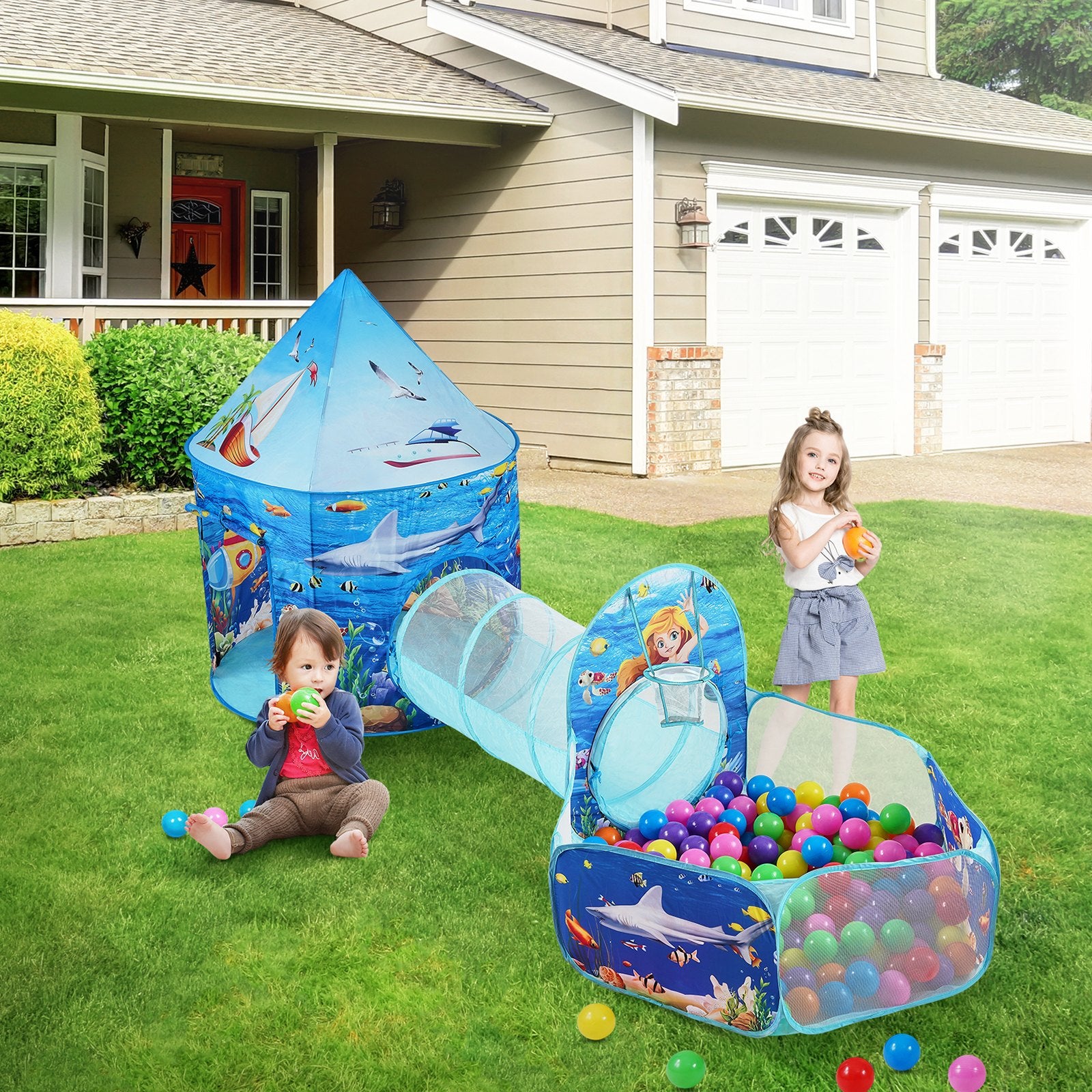 Outdoor Play Equipment: VEVOR 3 in 1 Kids Play Tent with Tunnel, Basketball Hoop for Boys, Girls, Babies and Toddlers, Indoor/Outdoor Pop Up Playhouse with Carrying Bag & Banding Straps Birthday Gifts, Blue Ocean