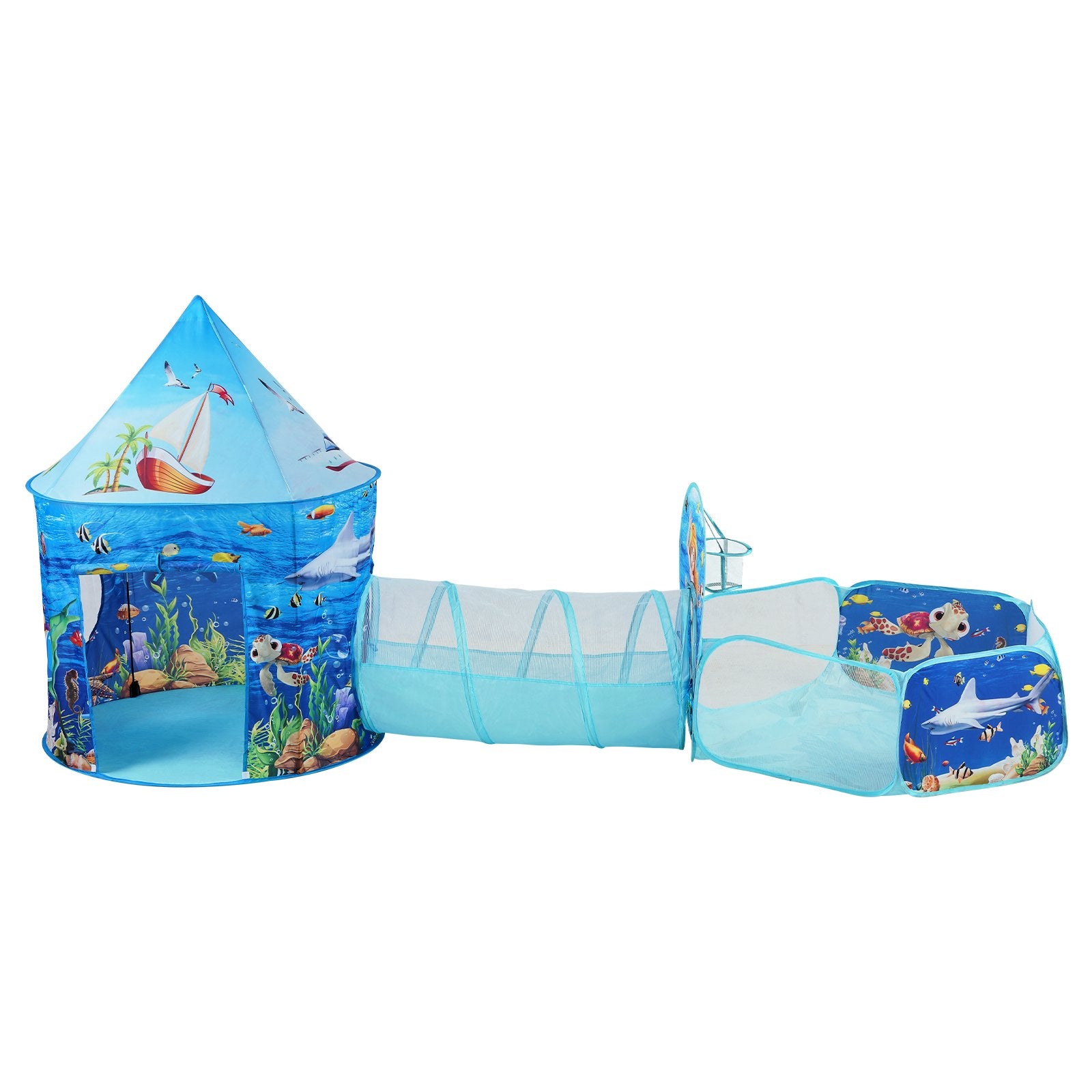 Outdoor Play Equipment: VEVOR 3 in 1 Kids Play Tent with Tunnel, Basketball Hoop for Boys, Girls, Babies and Toddlers, Indoor/Outdoor Pop Up Playhouse with Carrying Bag & Banding Straps Birthday Gifts, Blue Ocean