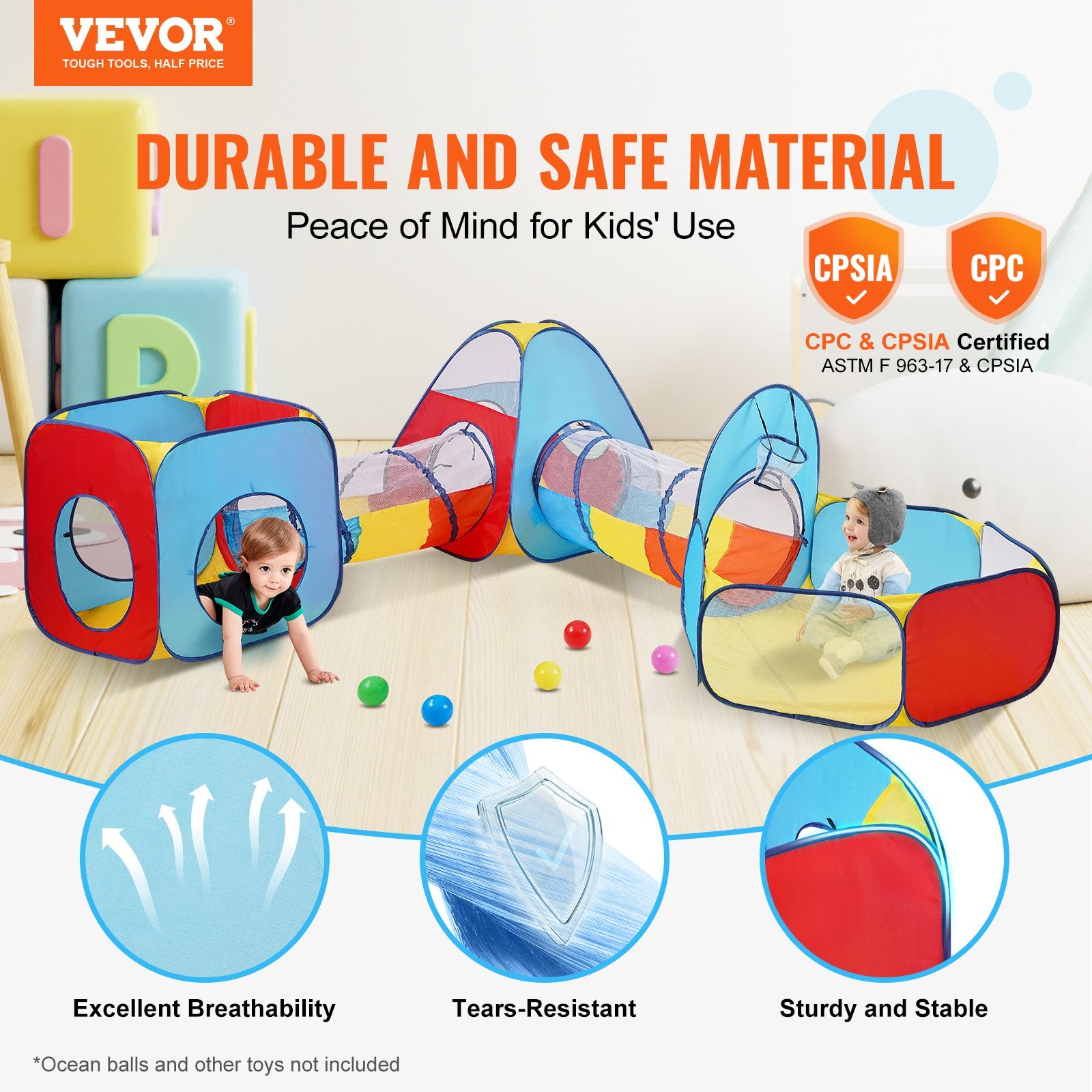 Outdoor Play Equipment: VEVOR 5 in 1 Kids Play Tent with Tunnel, Basketball Hoop for Boys, Girls, Babies and Toddlers, Indoor/Outdoor Pop Up Playhouse with Carrying Bag & Banding Straps Birthday Gifts, Red/Yellow/Blue