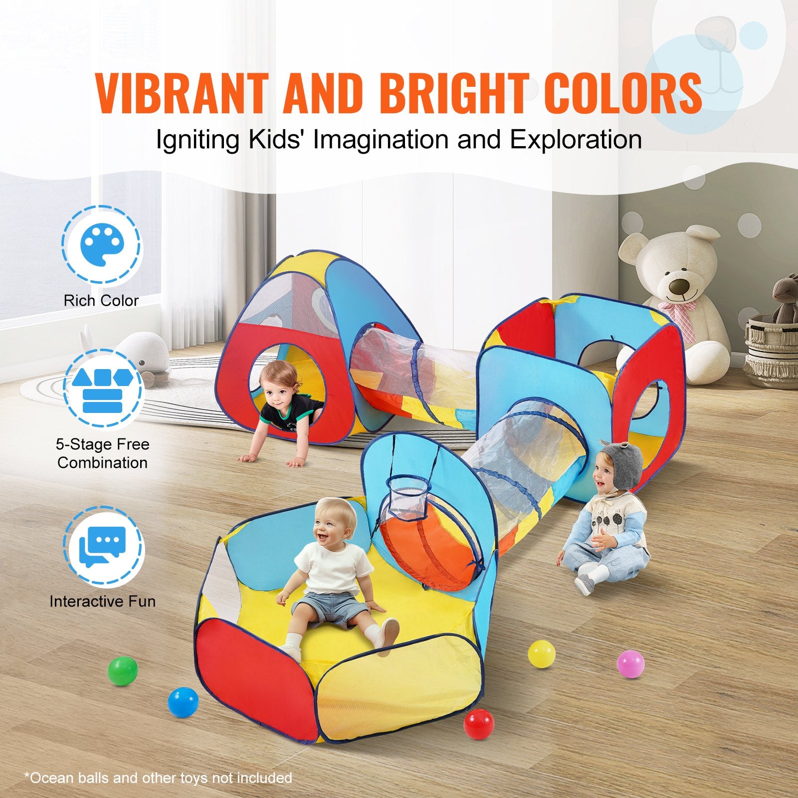 Outdoor Play Equipment: VEVOR 5 in 1 Kids Play Tent with Tunnel, Basketball Hoop for Boys, Girls, Babies and Toddlers, Indoor/Outdoor Pop Up Playhouse with Carrying Bag & Banding Straps Birthday Gifts, Red/Yellow/Blue