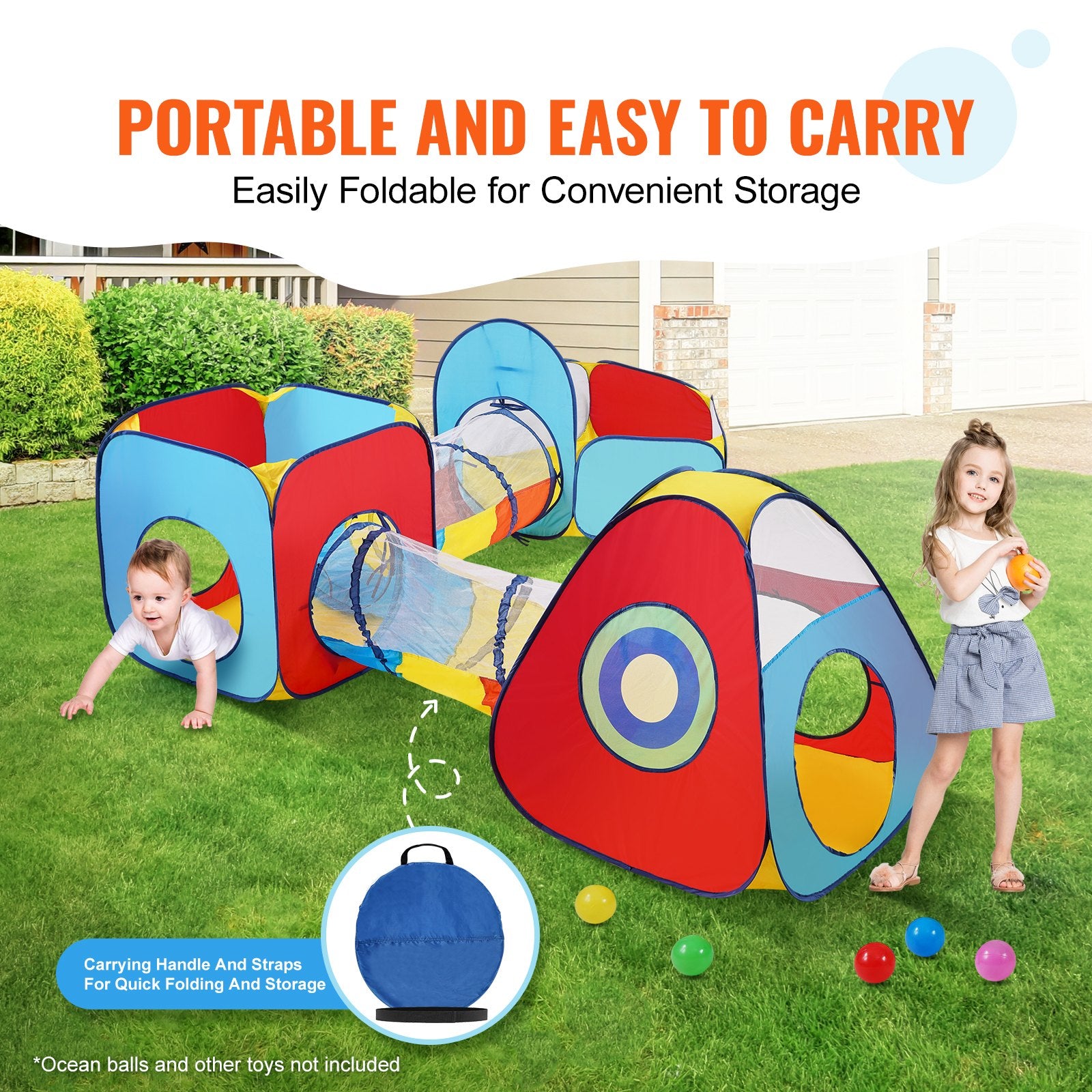 Outdoor Play Equipment: VEVOR 5 in 1 Kids Play Tent with Tunnel, Basketball Hoop for Boys, Girls, Babies and Toddlers, Indoor/Outdoor Pop Up Playhouse with Carrying Bag & Banding Straps Birthday Gifts, Red/Yellow/Blue