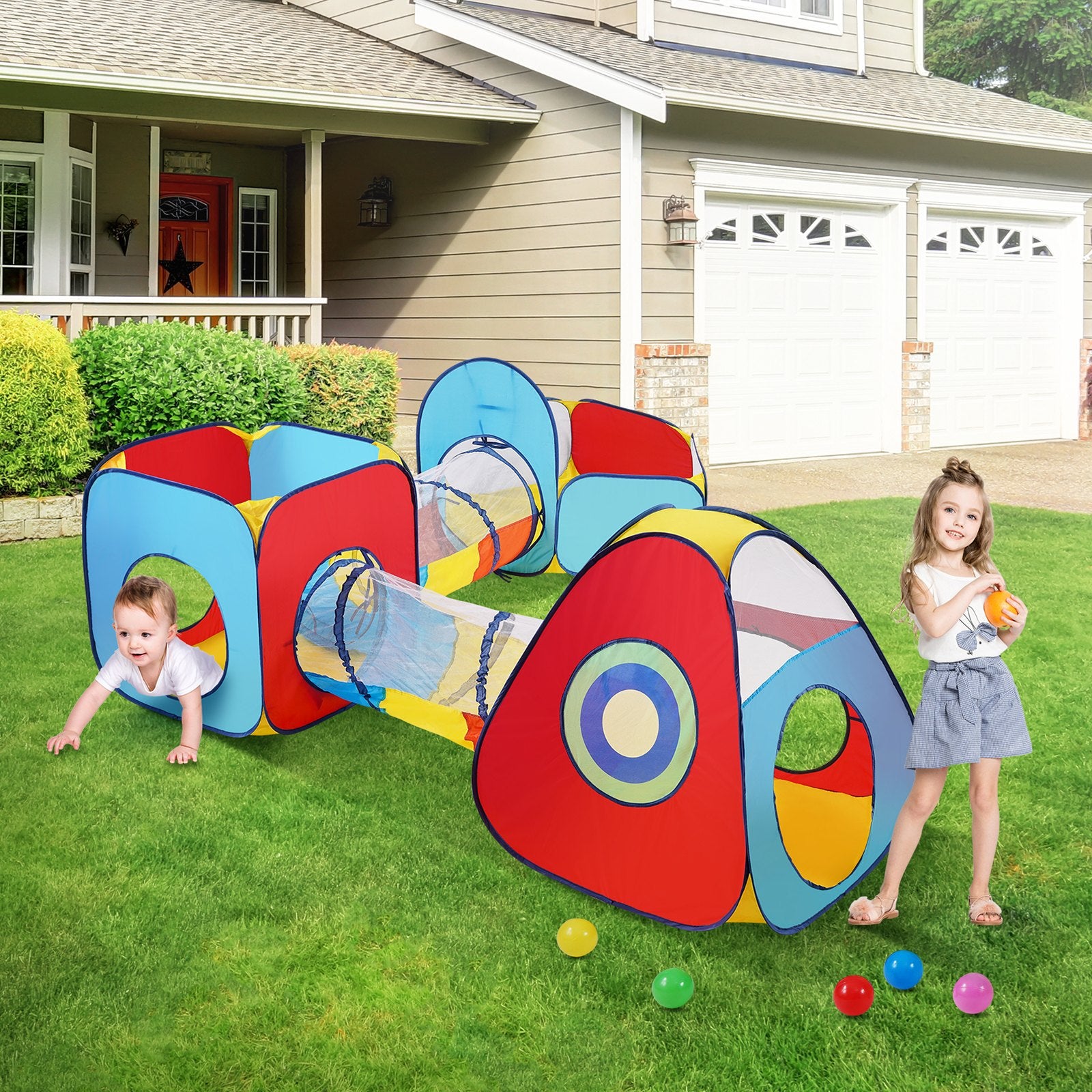 Outdoor Play Equipment: VEVOR 5 in 1 Kids Play Tent with Tunnel, Basketball Hoop for Boys, Girls, Babies and Toddlers, Indoor/Outdoor Pop Up Playhouse with Carrying Bag & Banding Straps Birthday Gifts, Red/Yellow/Blue