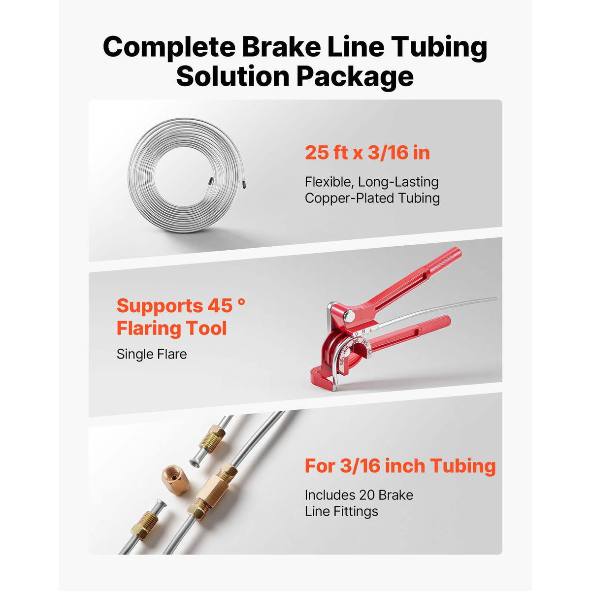 Brake Line Repair Kit, 45° Single Brake Line Flaring Tool Kit, 7.6m x 4.76mm Copper-Coated Brake Line with 20 Fittings & 2 Unions, 3-in-1 Tube Bender, Tube Cutter Included