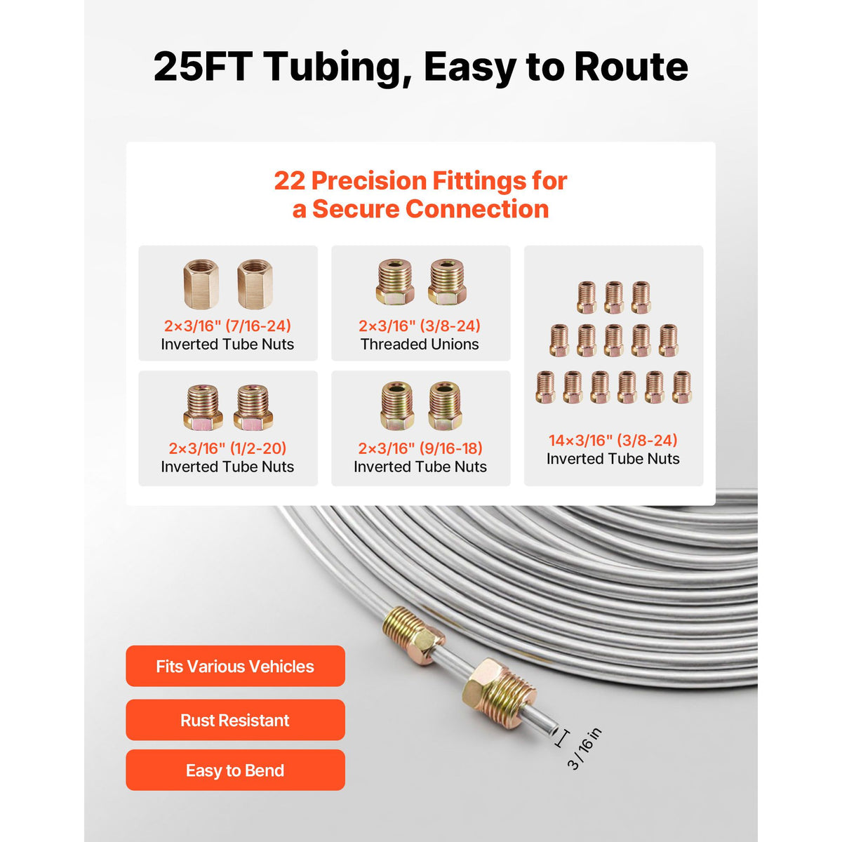 Brake Line Repair Kit, 45° Single Brake Line Flaring Tool Kit, 7.6m x 4.76mm Copper-Coated Brake Line with 20 Fittings & 2 Unions, 3-in-1 Tube Bender, Tube Cutter Included