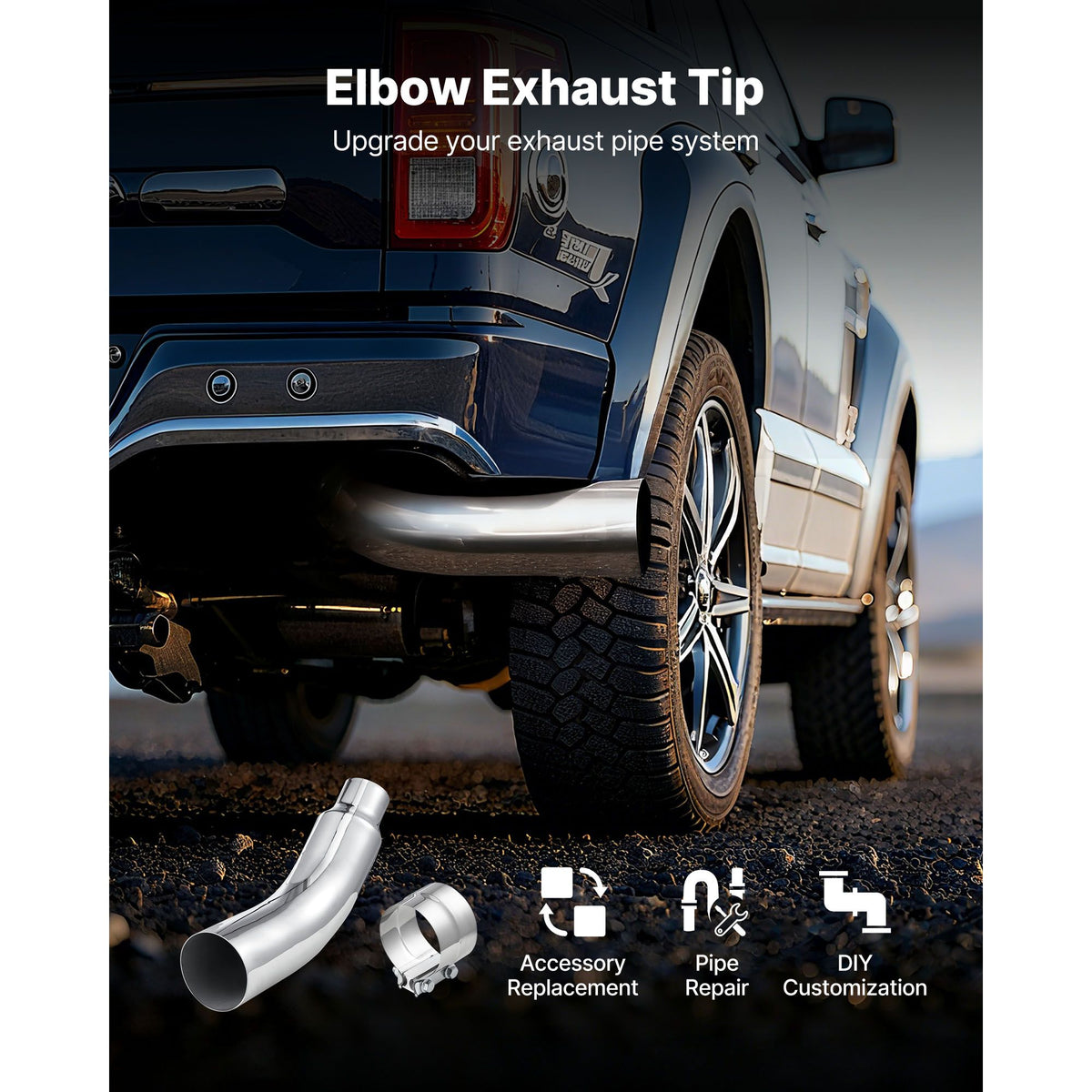 Elbow Exhaust Tip, 101.6mm Inlet, 152.4mm Outlet, 584mm Overall Length, Chrome Turn Down Exhaust Tip with Clamp for Truck/Sedan/Sports Car/SUV, Chrome Structure for High Temperature Resistance