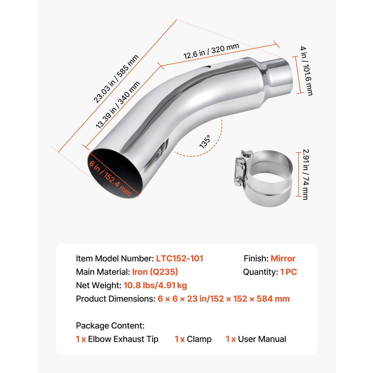 Elbow Exhaust Tip, 101.6mm Inlet, 152.4mm Outlet, 584mm Overall Length, Chrome Turn Down Exhaust Tip with Clamp for Truck/Sedan/Sports Car/SUV, Chrome Structure for High Temperature Resistance