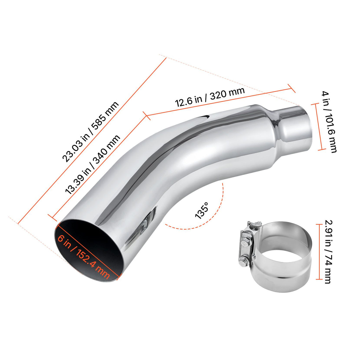 Elbow Exhaust Tip, 101.6mm Inlet, 152.4mm Outlet, 584mm Overall Length, Chrome Turn Down Exhaust Tip with Clamp for Truck/Sedan/Sports Car/SUV, Chrome Structure for High Temperature Resistance