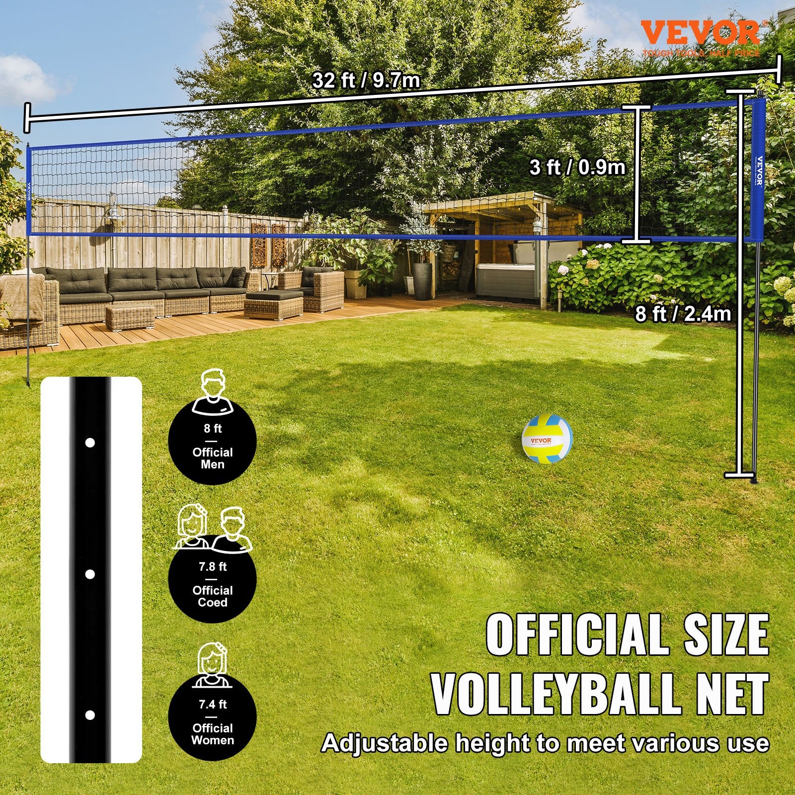 Basketball & Basketball Accessories: VEVOR Outdoor Portable Volleyball Net System, Adjustable Height Steel Poles, Professional Volleyball Set with PVC Volleyball, Pump, Carrying Bag, Heavy Duty Volleyball Net for Backyard, Beach, Lawn