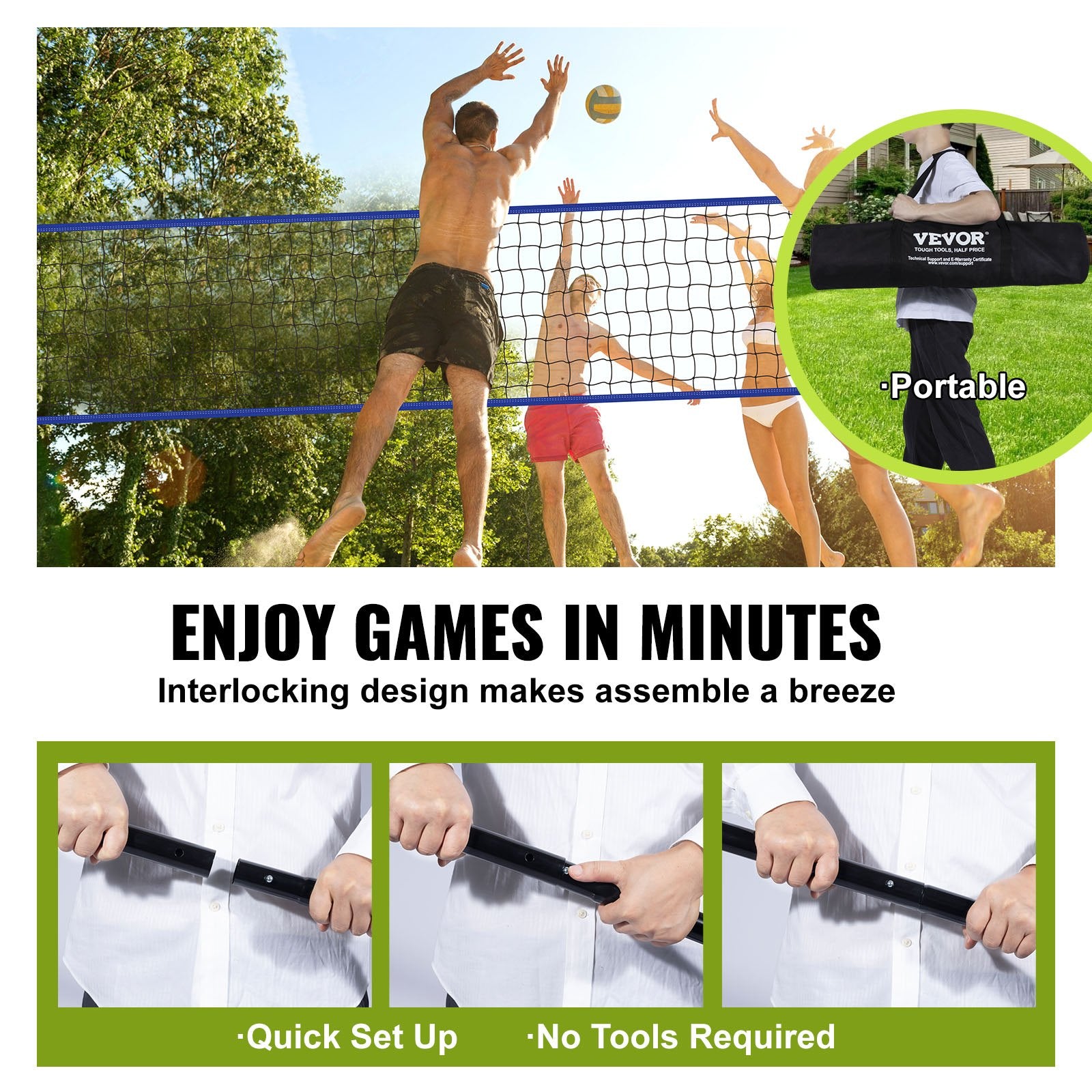 Basketball & Basketball Accessories: VEVOR Outdoor Portable Volleyball Net System, Adjustable Height Steel Poles, Professional Volleyball Set with PVC Volleyball, Pump, Carrying Bag, Heavy Duty Volleyball Net for Backyard, Beach, Lawn