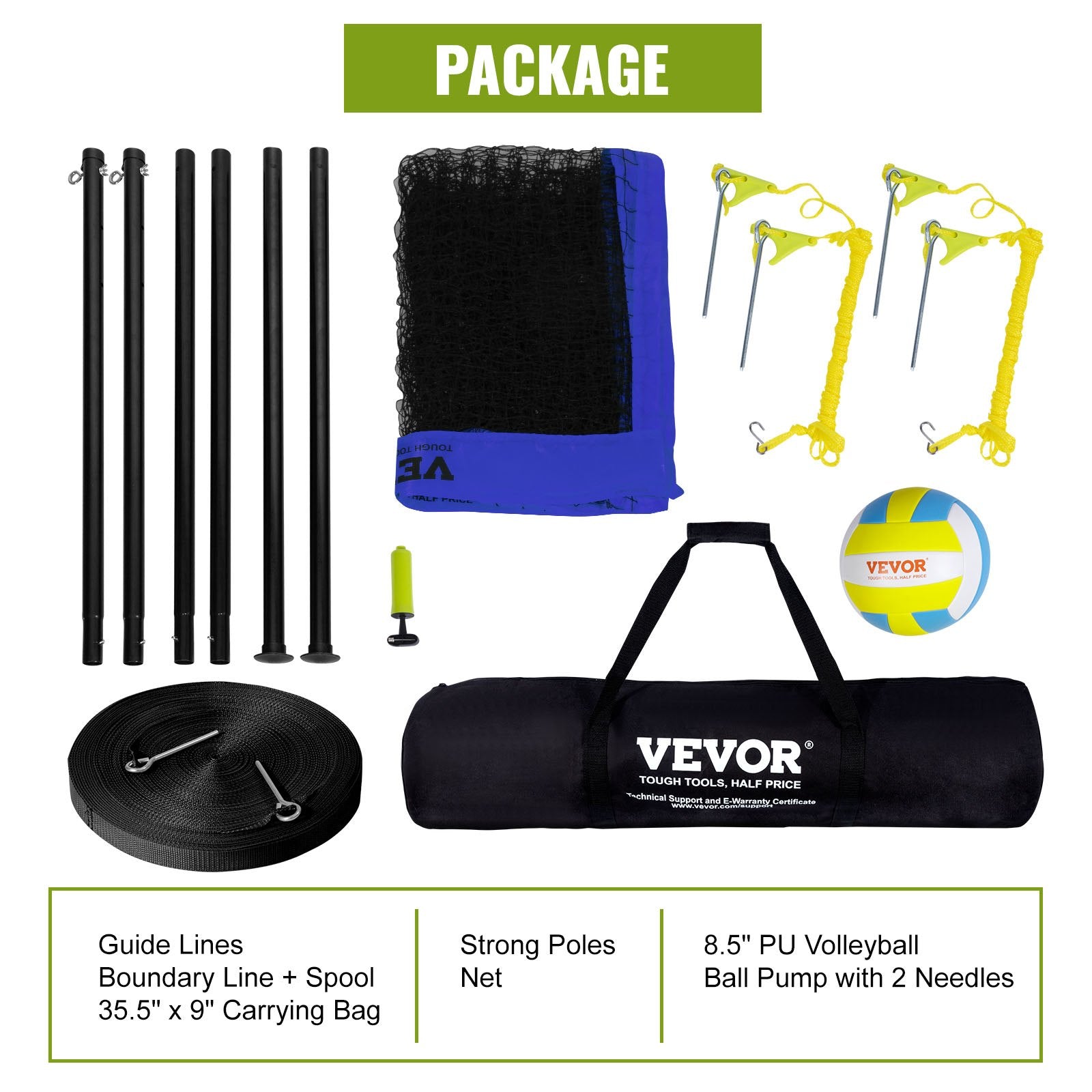 Basketball & Basketball Accessories: VEVOR Outdoor Portable Volleyball Net System, Adjustable Height Steel Poles, Professional Volleyball Set with PVC Volleyball, Pump, Carrying Bag, Heavy Duty Volleyball Net for Backyard, Beach, Lawn
