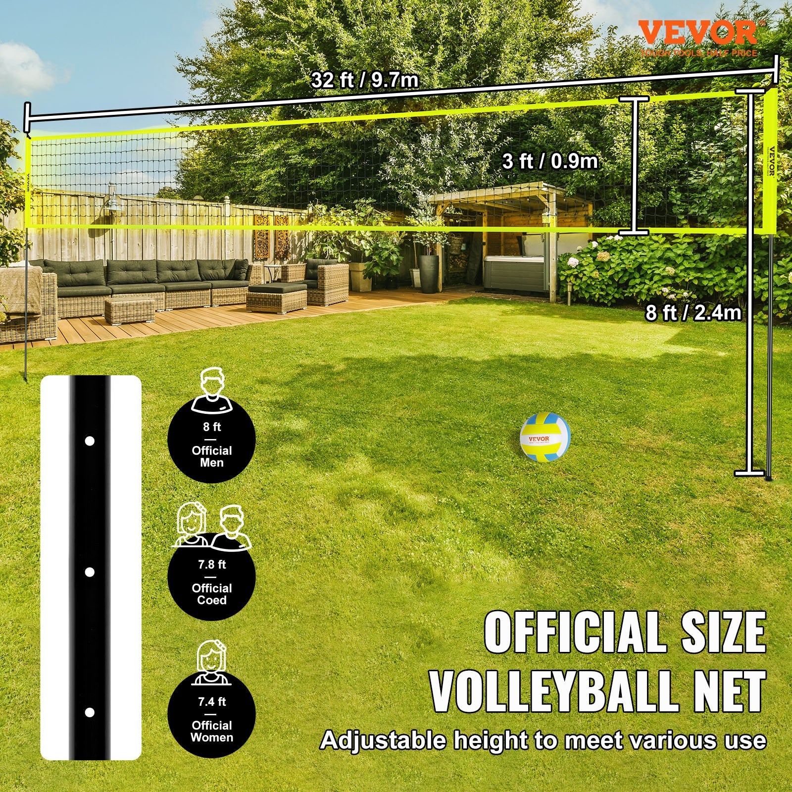 Basketball & Basketball Accessories: VEVOR Outdoor Portable Volleyball Net System, Adjustable Height Steel Poles, Professional Volleyball Set with PVC Volleyball, Pump, Carrying Bag, Heavy Duty Volleyball Net for Backyard, Beach, Lawn