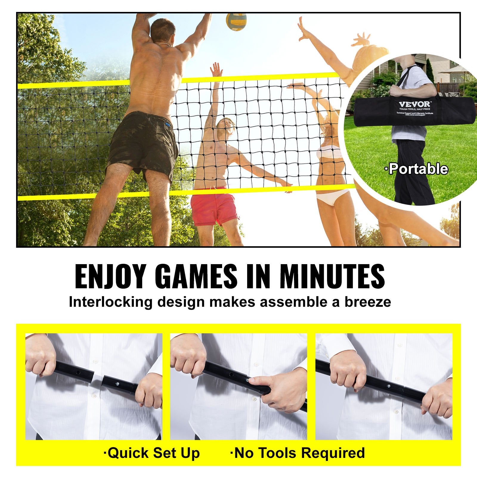 Basketball & Basketball Accessories: VEVOR Outdoor Portable Volleyball Net System, Adjustable Height Steel Poles, Professional Volleyball Set with PVC Volleyball, Pump, Carrying Bag, Heavy Duty Volleyball Net for Backyard, Beach, Lawn