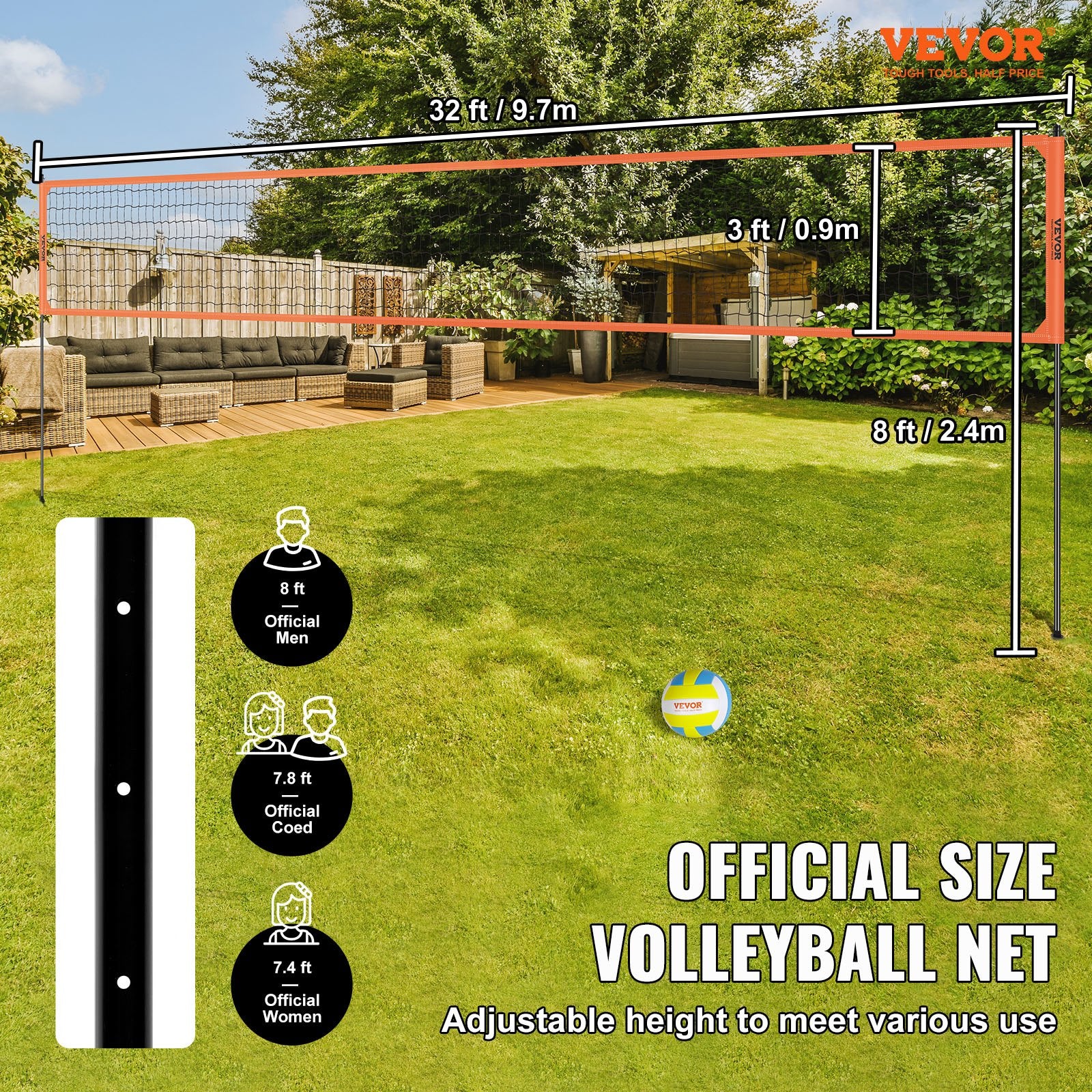 Basketball & Basketball Accessories: VEVOR Outdoor Portable Volleyball Net System, Adjustable Height Aluminum Poles, Professional Volleyball Set with PVC Volleyball, Pump, Carrying Bag, Heavy Duty Volleyball Net for Backyard, Beach, Lawn