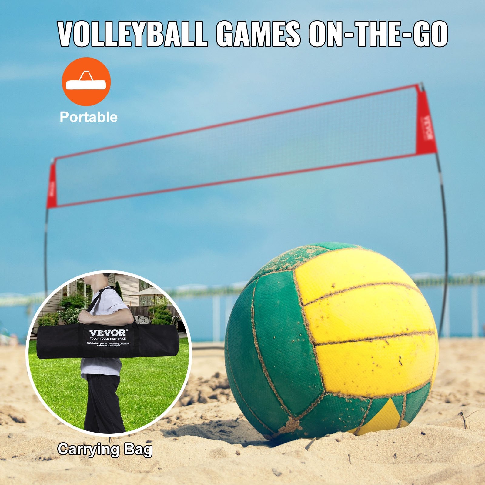 Basketball & Basketball Accessories: VEVOR Freestanding Volleyball Training Net for Indoor or Outdoor Use, Adjustable Height Portable Net System with Carrying Bag, Professional Volleyball Practice Trainer for Hitting or Serving Drills