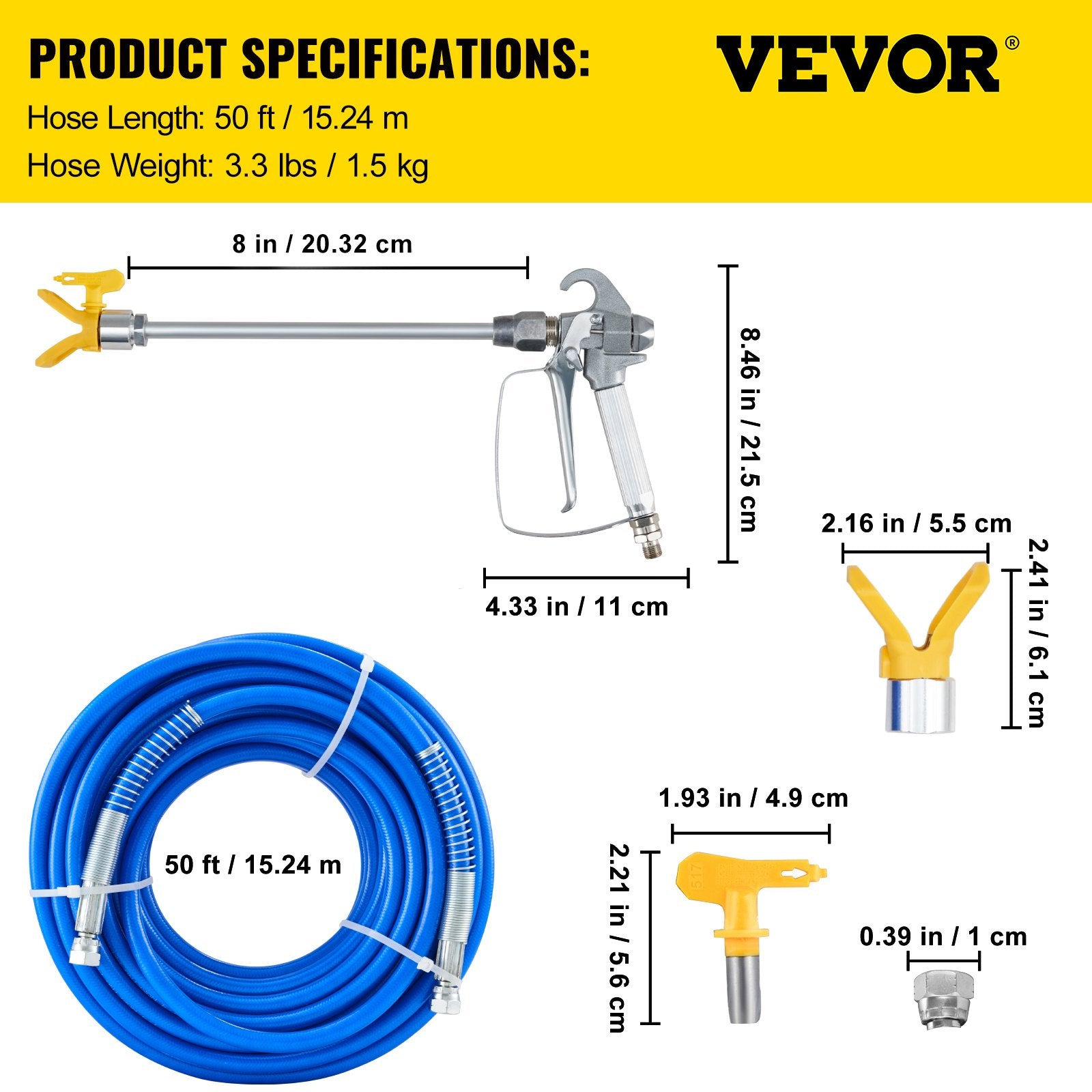 Hand Tools: VEVOR Airless Paint Spray Hose Kit 50ft 1/4in Swivel Joint 3600psi with 517 Tip