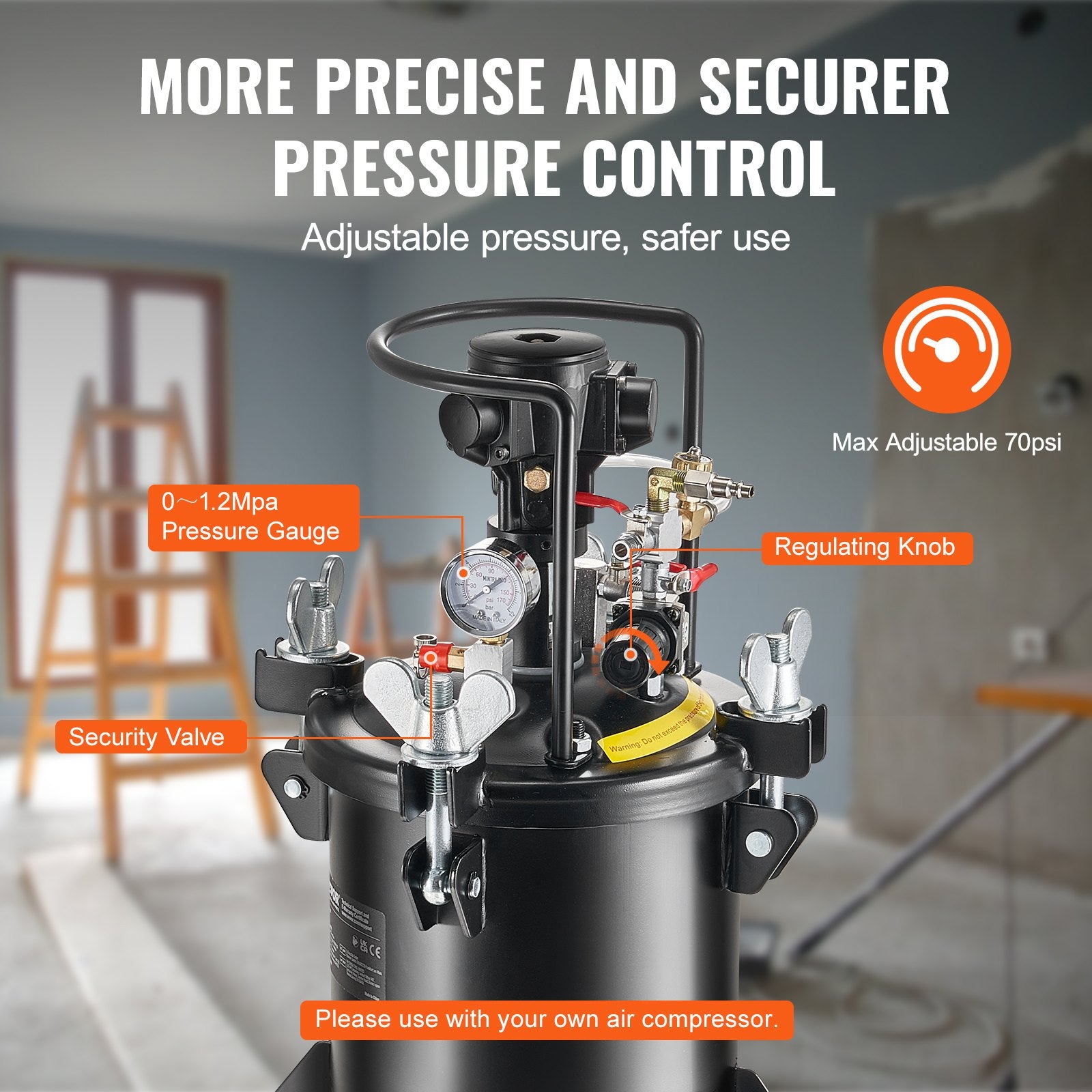 Painting Tools: VEVOR Spray Paint Pressure Pot Tank 10 L/2.5 gal Fully Automatic Stirring 70 psi
