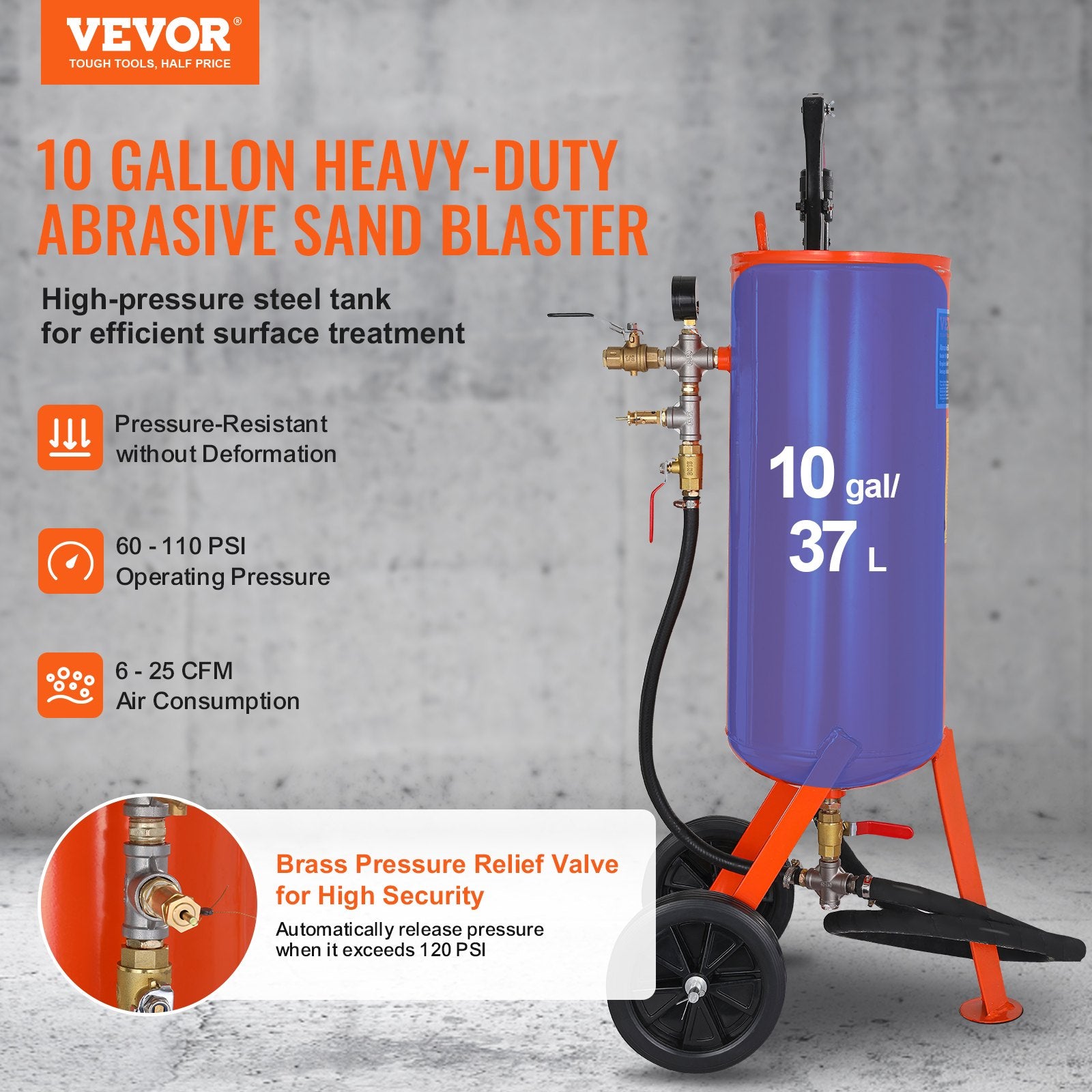 Gardening Tools: VEVOR 10 Gallon Heavy-Duty Sand Blaster, 60-110 PSI High Pressure Sandblaster, Portable Abrasive Blasting Tank, Air Sand Blasting Kit with 2 Ceramic Nozzles & 7.5ft Hose for Stain, Rust, Paint Removal