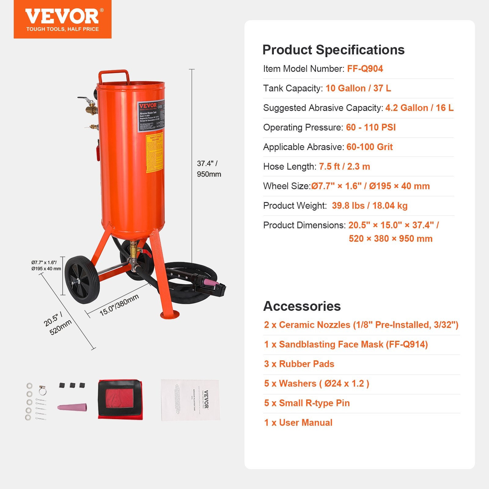 Gardening Tools: VEVOR 10 Gallon Heavy-Duty Sand Blaster, 60-110 PSI High Pressure Sandblaster, Portable Abrasive Blasting Tank, Air Sand Blasting Kit with 2 Ceramic Nozzles & 7.5ft Hose for Stain, Rust, Paint Removal