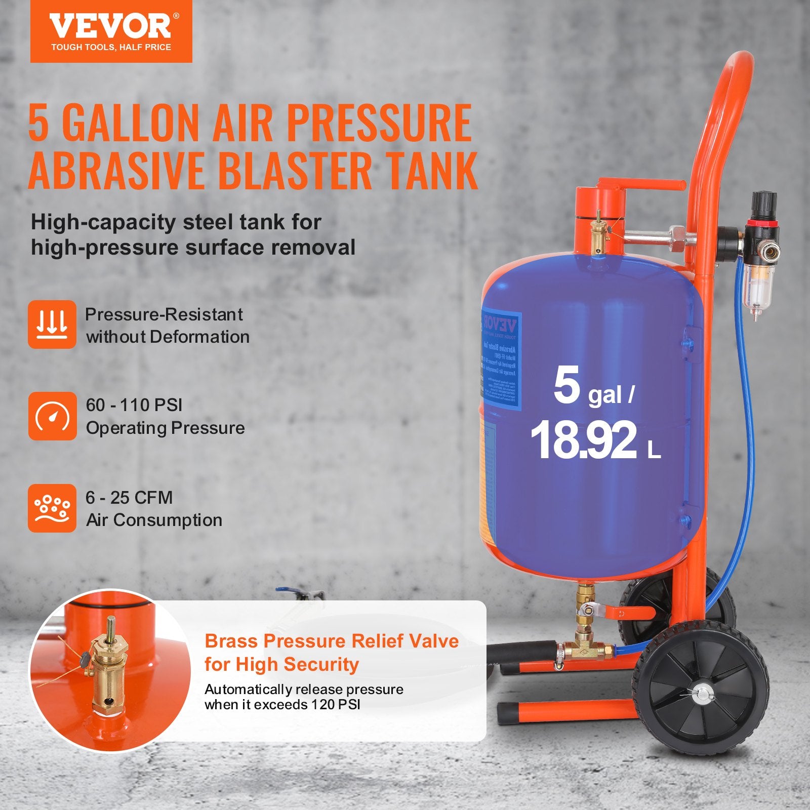 Fountain & Ponds Accessories: VEVOR 5 Gallon Sand Blaster 60-110 PSI High Pressure Sandblaster with 4 Nozzles
