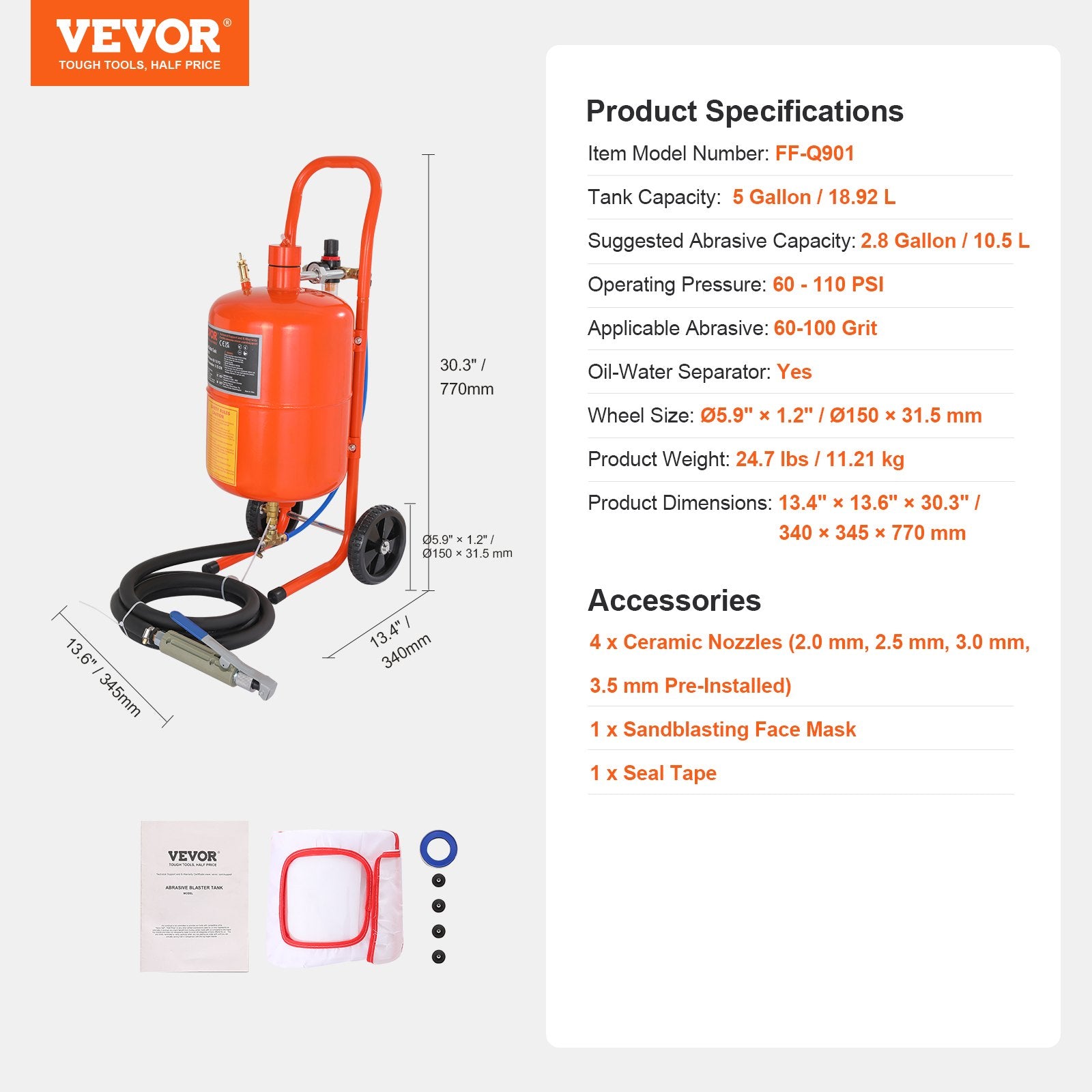 Fountain & Ponds Accessories: VEVOR 5 Gallon Sand Blaster 60-110 PSI High Pressure Sandblaster with 4 Nozzles