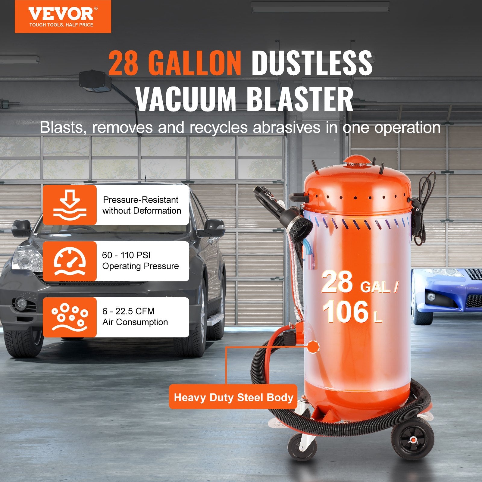 Gardening Tools: VEVOR 28 Gallon Vacuum Sand Blaster, Dustless Sandblaster with Built-in 1200W Vacuum System for Dust Control and Abrasive Recycle, 60-110 PSI Heavy Duty Abrasive Blasting Machine