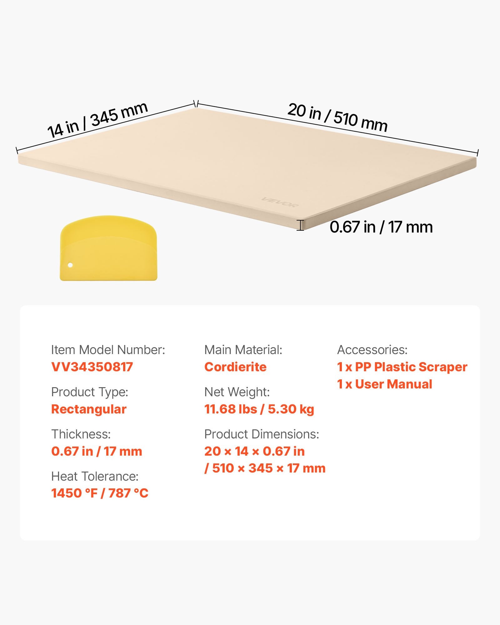 Kitchen Scales: VEVOR Pizza Stone, 508 x 355 mm Rectangular Cordierite Pizza Stone, Extra Large Baking-Stone with PP Scraper, 17 mm Thick Heat-Resistant Cordierite, for Oven, Baking Bread & Pizzas, BBQ Grilling