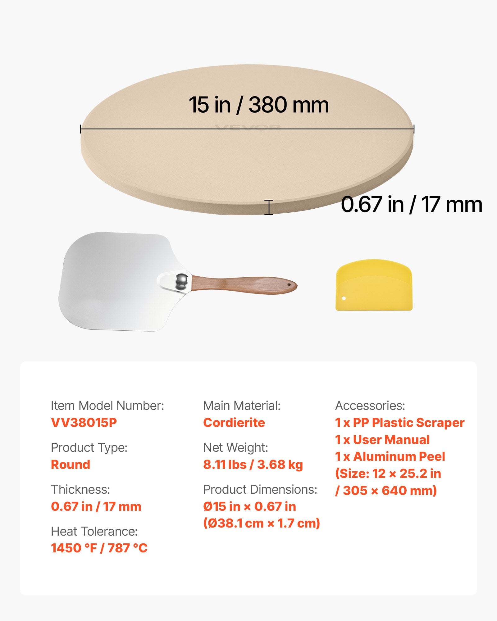 Kitchen Scales: VEVOR Pizza Stone, 381 mm Round Cordierite Pizza Stone, Extra Large Baking-Stone with Aluminum Peel, 17 mm Thickness Heat-Resistant Cooking Cordierite, for Kitchen Oven, Baking Pizzas, BBQ Grilling