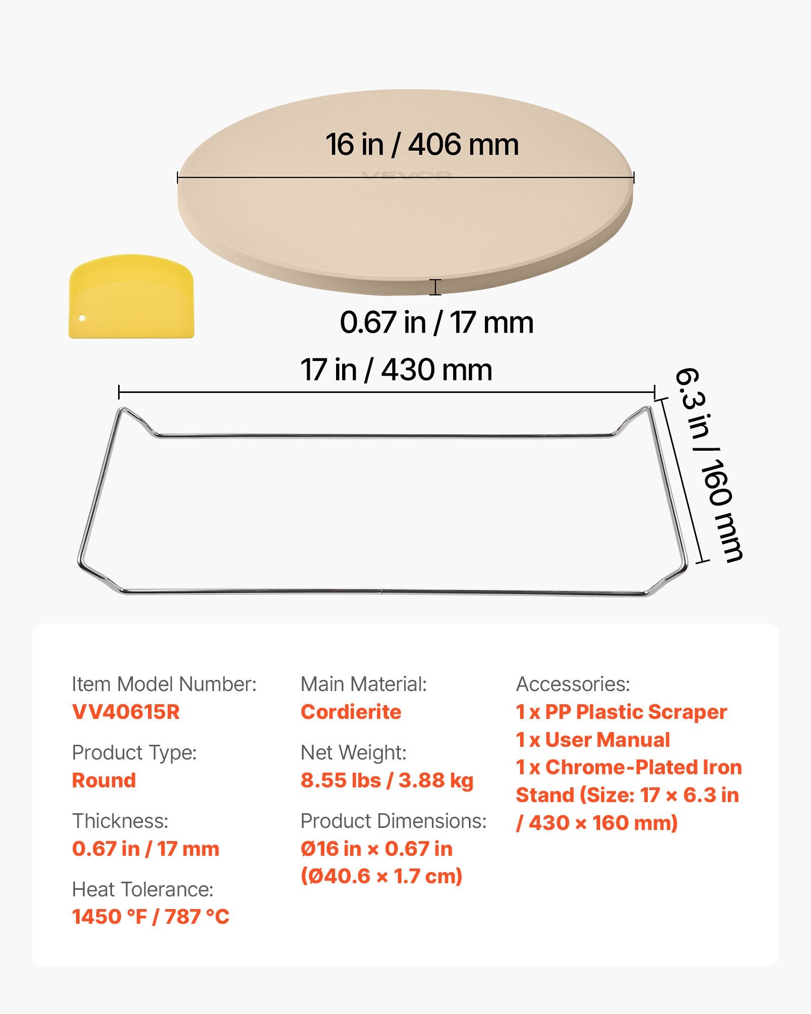 Kitchen Scales: VEVOR Pizza Stone, 406 mm Round Cordierite Pizza Stone, Extra Large Baking-Stone with a Durable Stand, 17 mm Thickness Heat-Resistant Cooking Cordierite, for Kitchen Oven, Baking Pizzas, BBQ Grilling