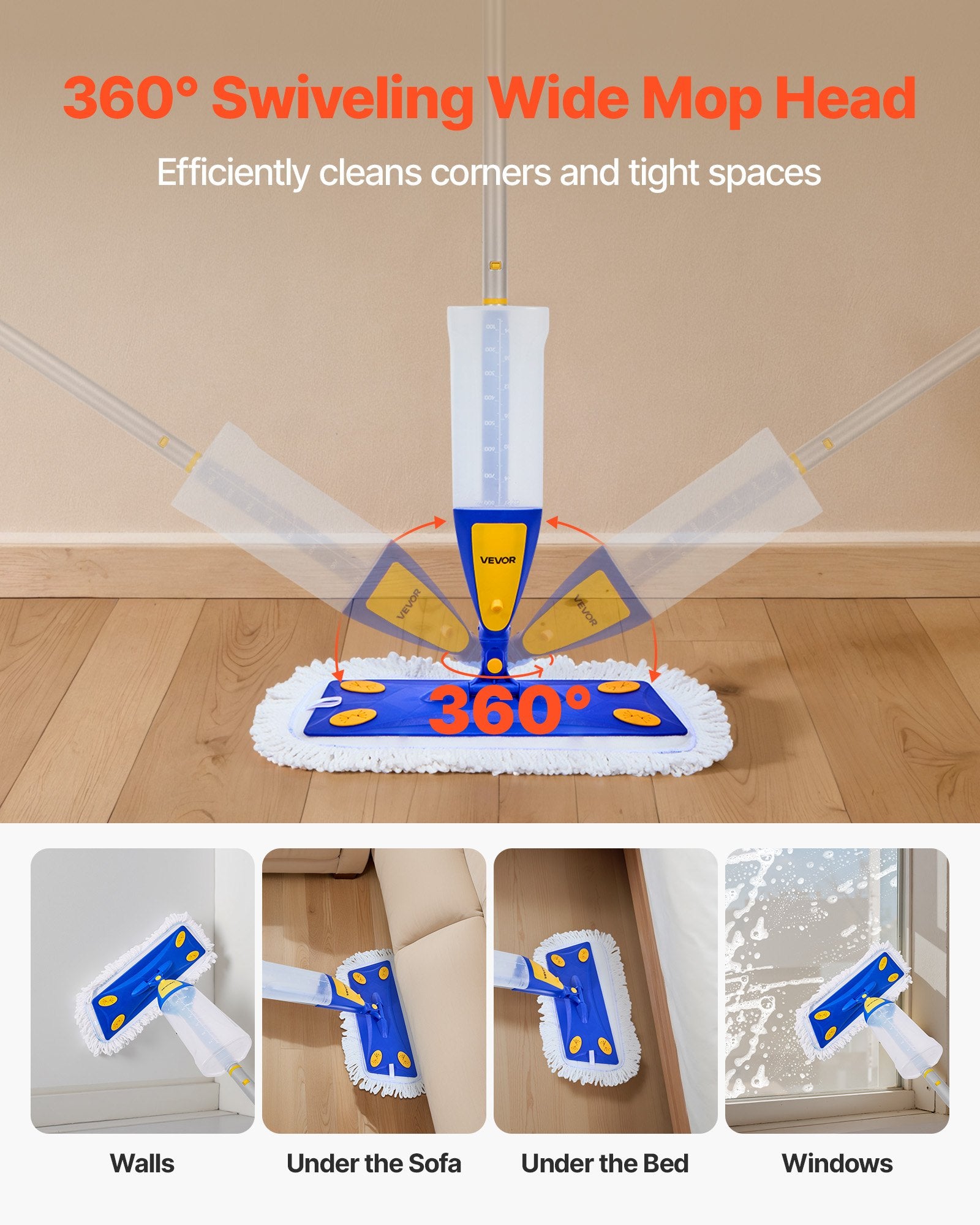 Gardening Tools: VEVOR Spray Mop, with 3 Washable Pads for Dry and Wet Floor Cleaning & an 800ml Refillable Water Tank, Microfiber Dust Wet Mop & Twisted Cotton Dry Mop, Commercial Home Use for Tiles/Vinyl/Wood Floor