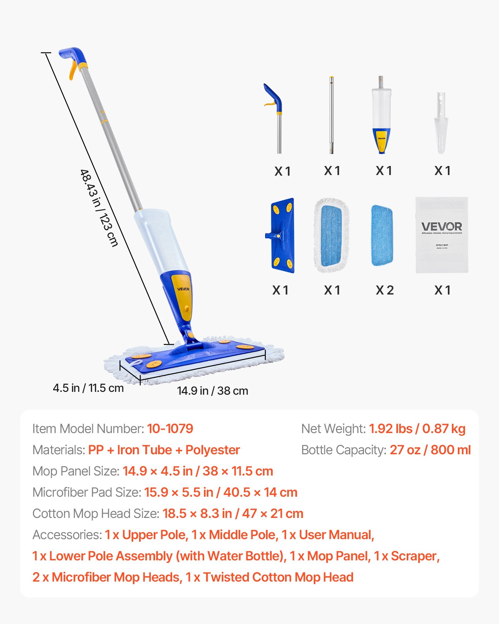 Gardening Tools: VEVOR Spray Mop, with 3 Washable Pads for Dry and Wet Floor Cleaning & an 800ml Refillable Water Tank, Microfiber Dust Wet Mop & Twisted Cotton Dry Mop, Commercial Home Use for Tiles/Vinyl/Wood Floor