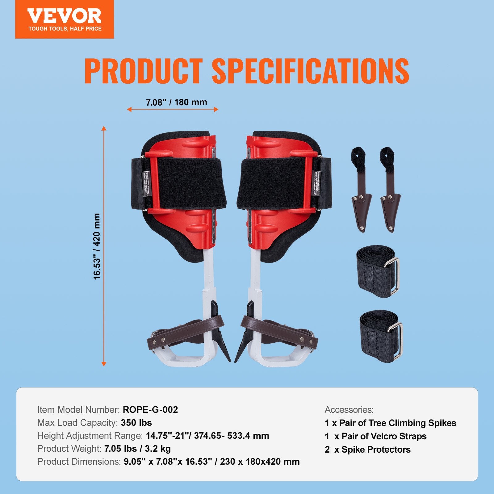Foot Care: VEVOR Tree Climbing Spikes, 1 Pair Aluminum Climbing Spurs, 350lbs Load Capacity Tree Climbing Gear with Straps and Spike Protectors, Arborist Equipment for Climbers, Hunting, Fruit Picking, Red